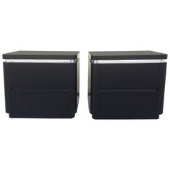 Elegant Nightstands in Black Lacquer and Brushed Steel Banding