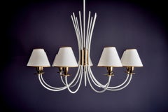 Mid-Century Modern Nine-Arm Chandelier, Brass & Fabric, 1950s France