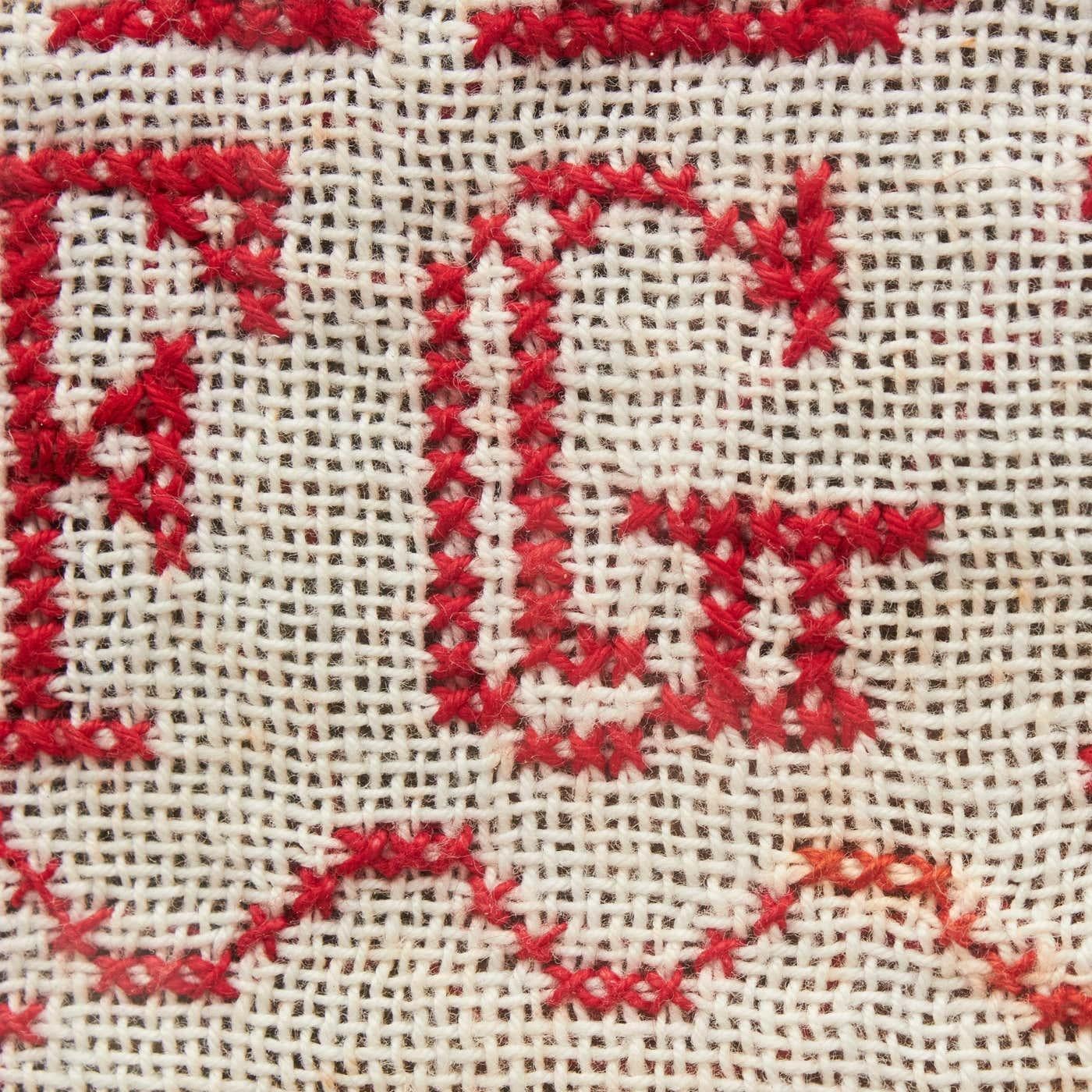 Elegant Nostalgia: Vintage 20th Century Cross-Stitch Sampler - Red on White For Sale 6