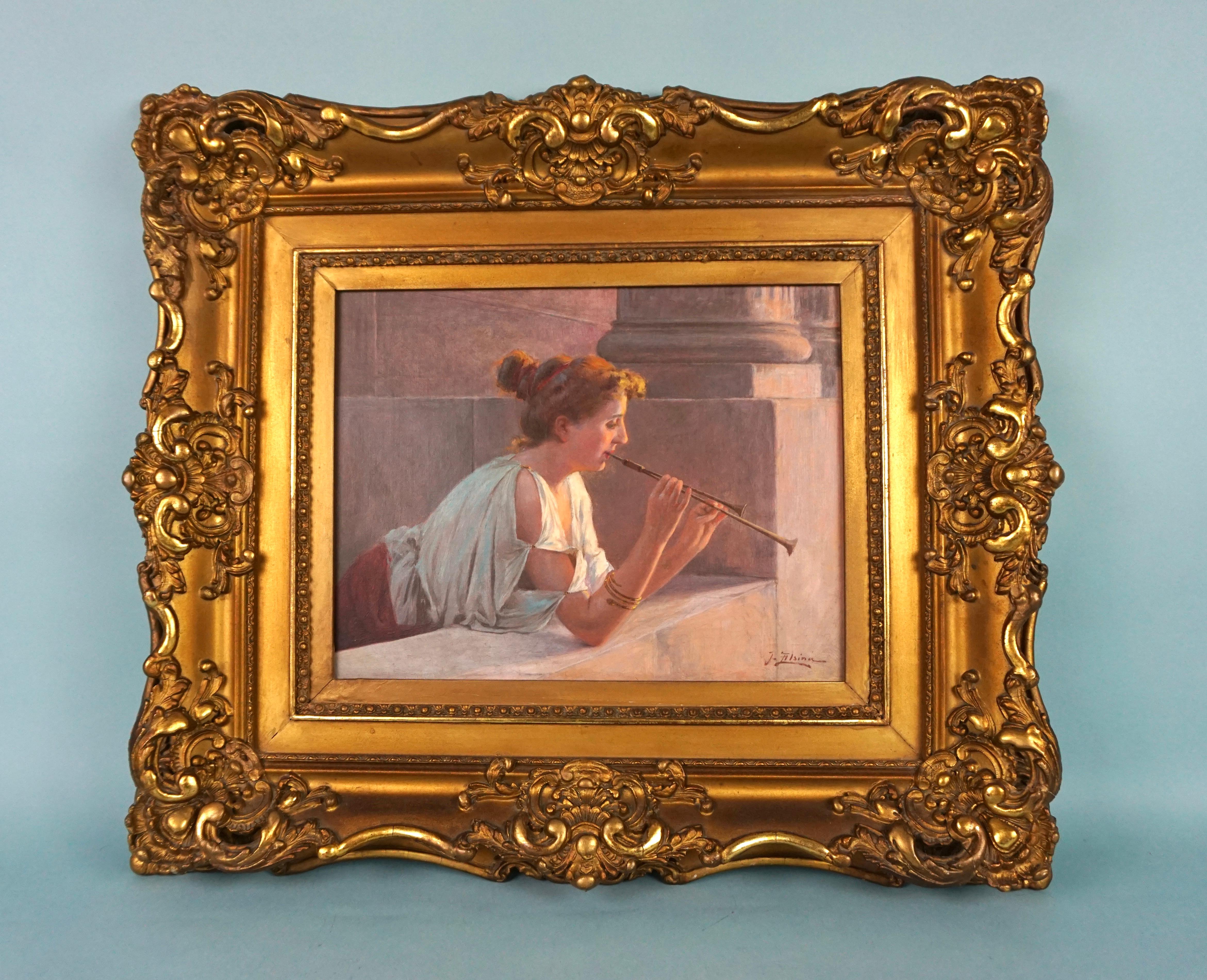 A very attractive oil on canvas by Jacques Alsina, a well listed nineteenth century French artist. This elegant delicate work depicts a young woman in a restive pose playing the flute. Appears to retain its original giltwood frame. A pleasing good