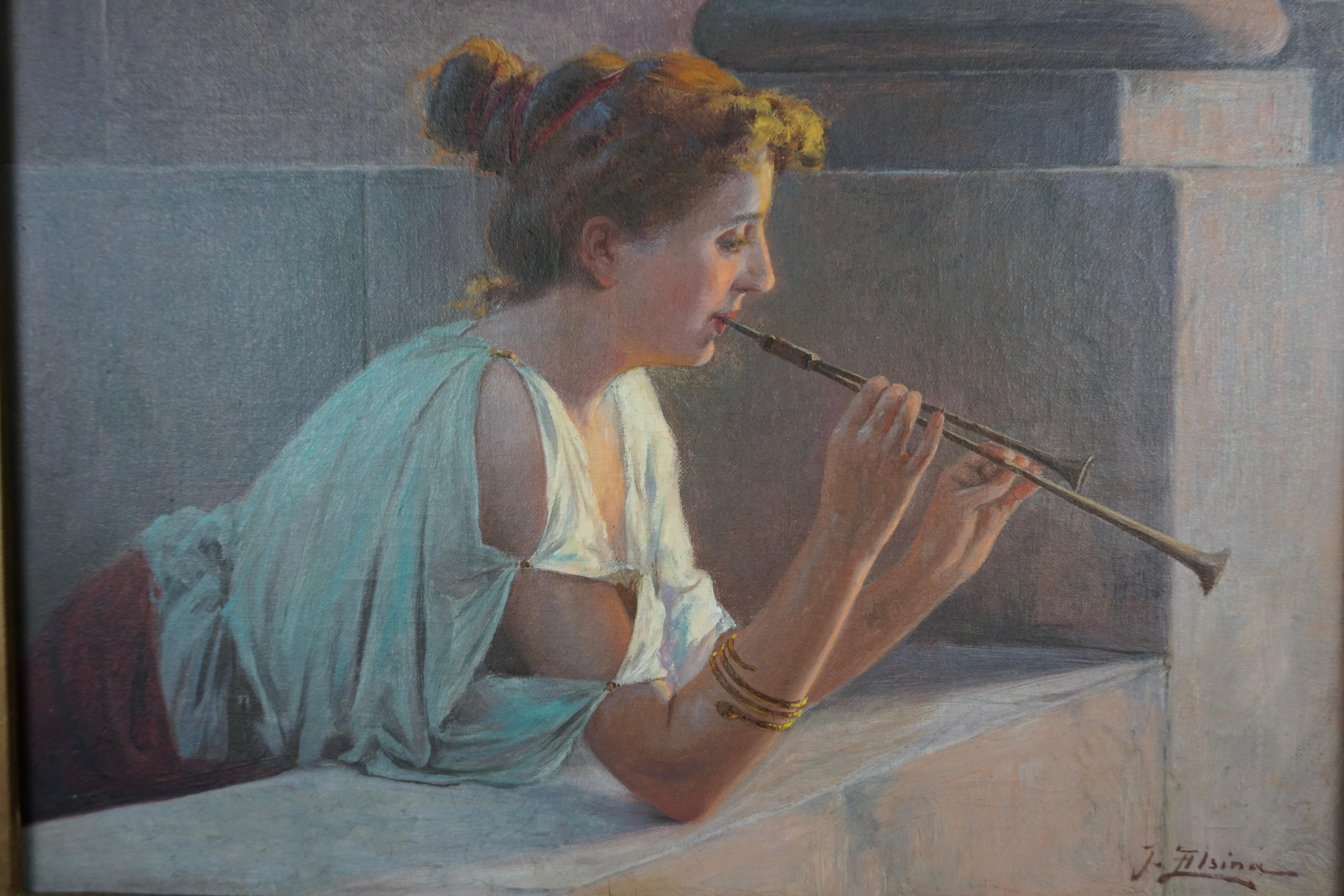 Pre-Raphaelite Elegant Oil on Canvas of a Flutist by Jacques Alsina 'French 19th Century'