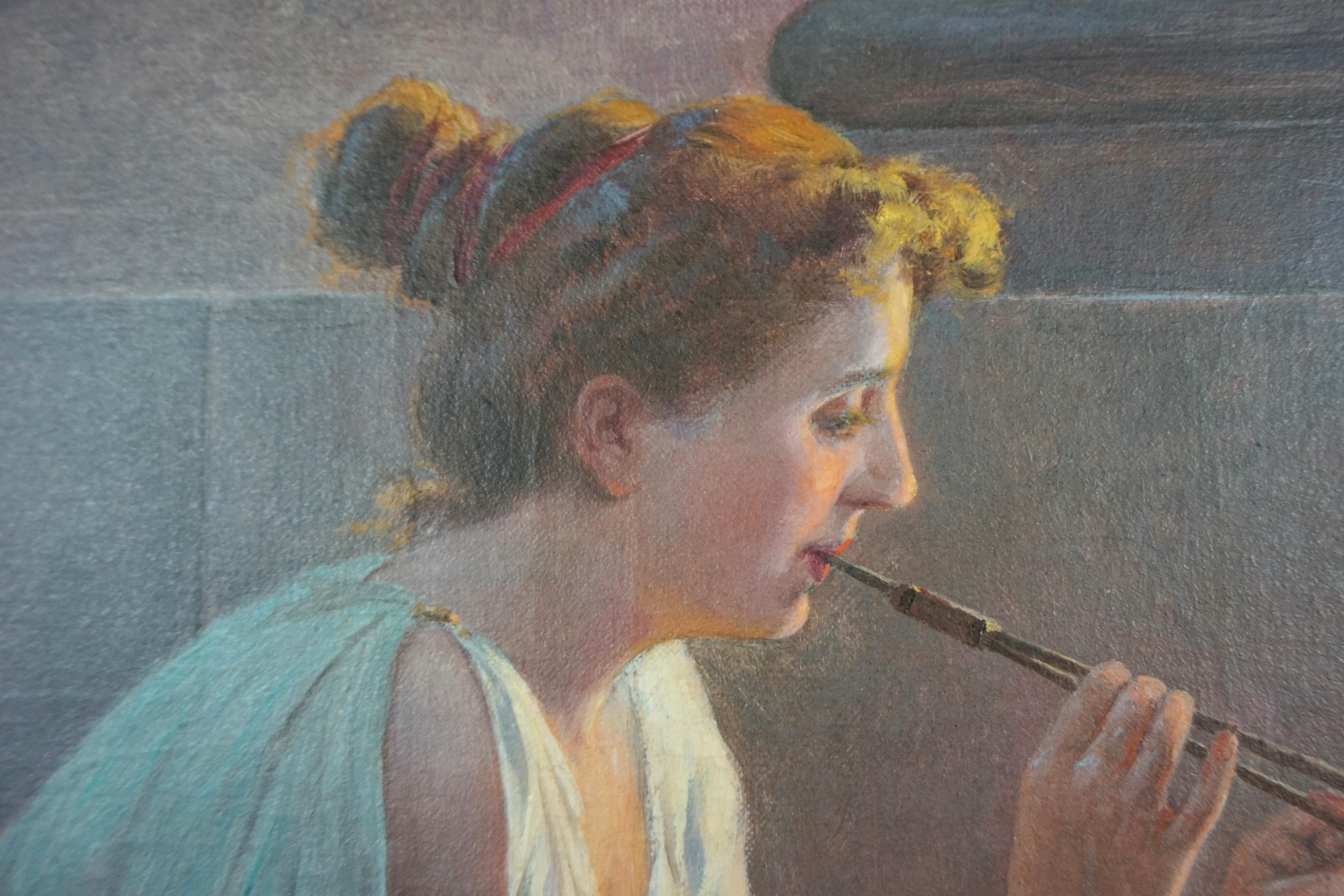 Elegant Oil on Canvas of a Flutist by Jacques Alsina 'French 19th Century' In Good Condition In San Francisco, CA