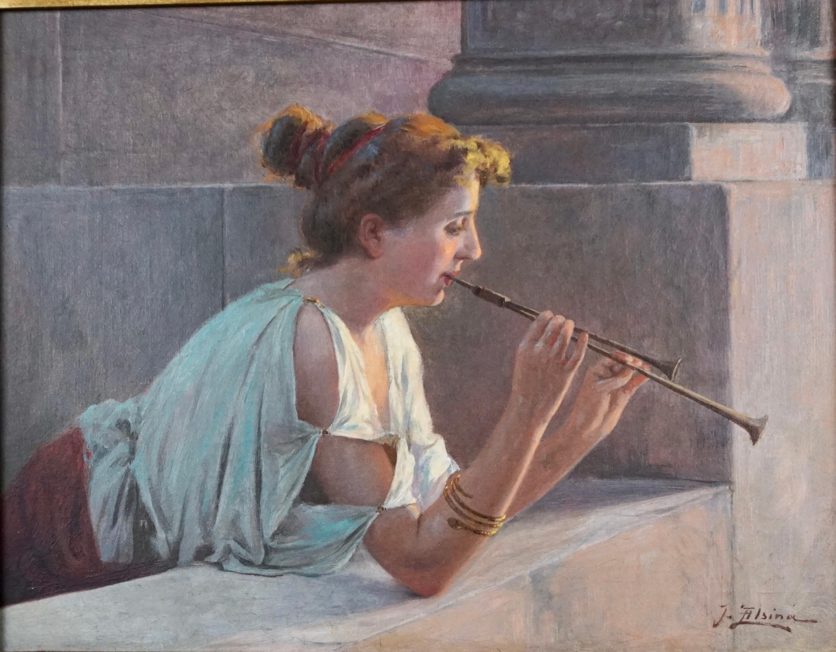 Goatskin Elegant Oil on Canvas of a Flutist by Jacques Alsina 'French 19th Century'