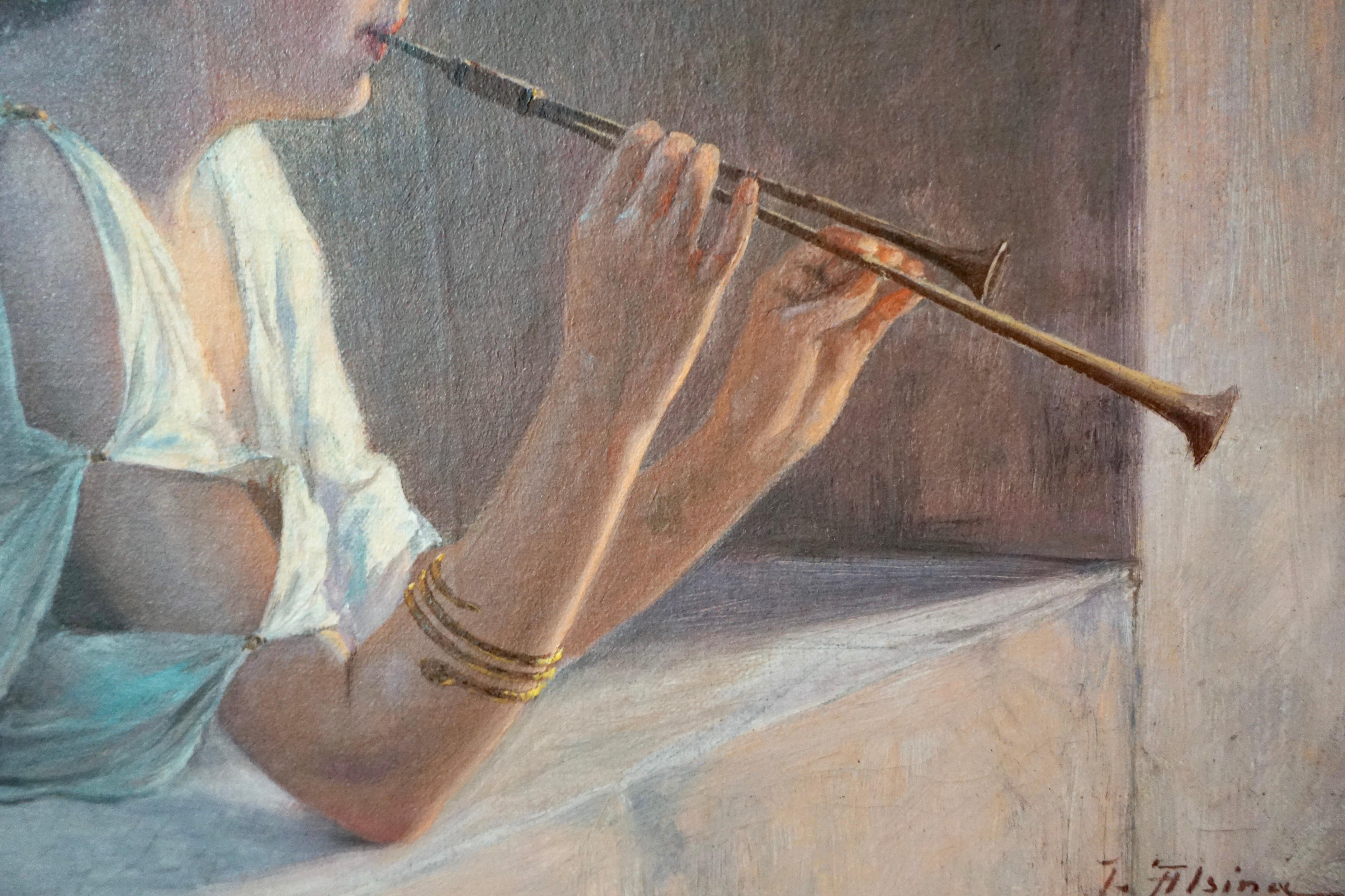 Elegant Oil on Canvas of a Flutist by Jacques Alsina 'French 19th Century' 1