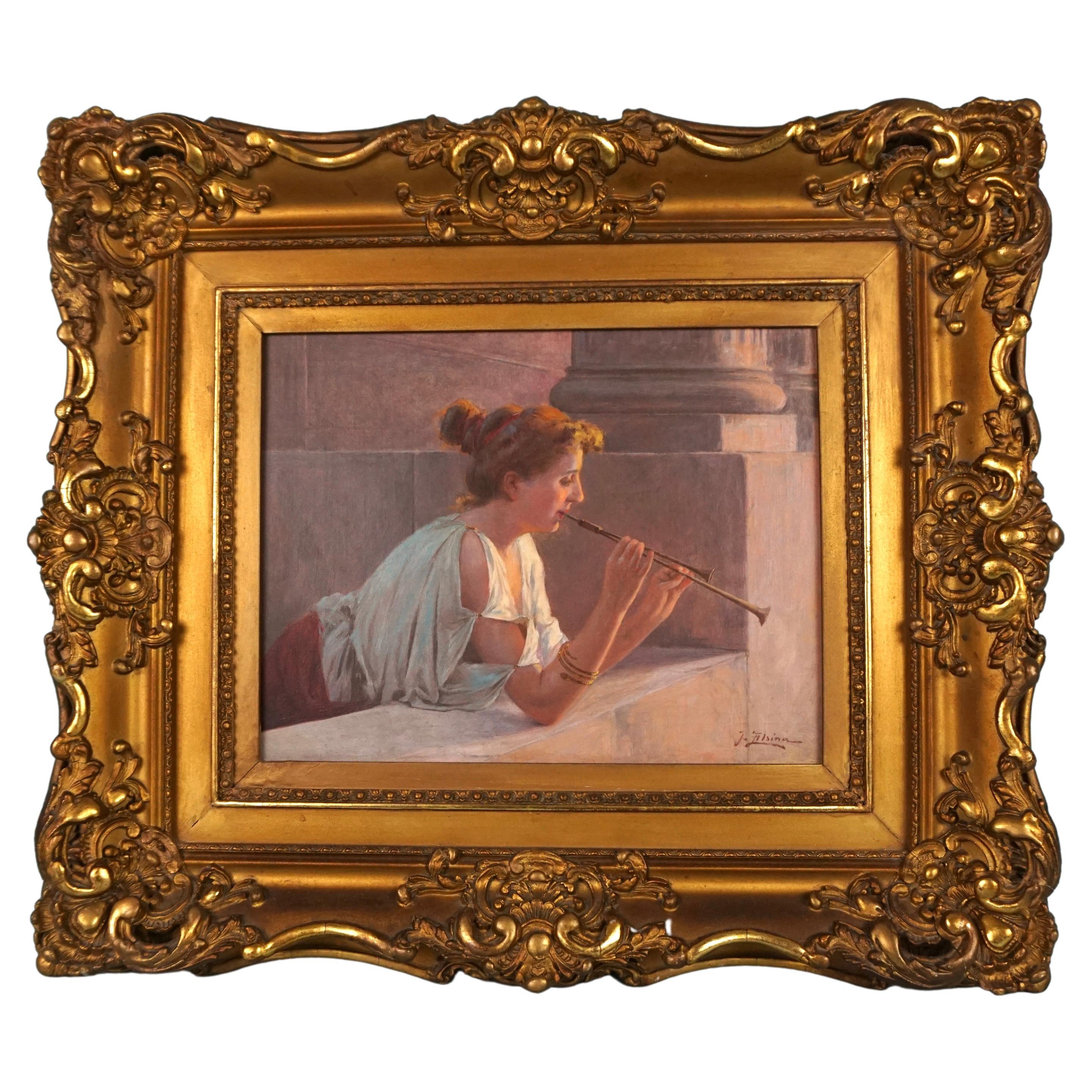 Elegant Oil on Canvas of a Flutist by Jacques Alsina 'French 19th Century'