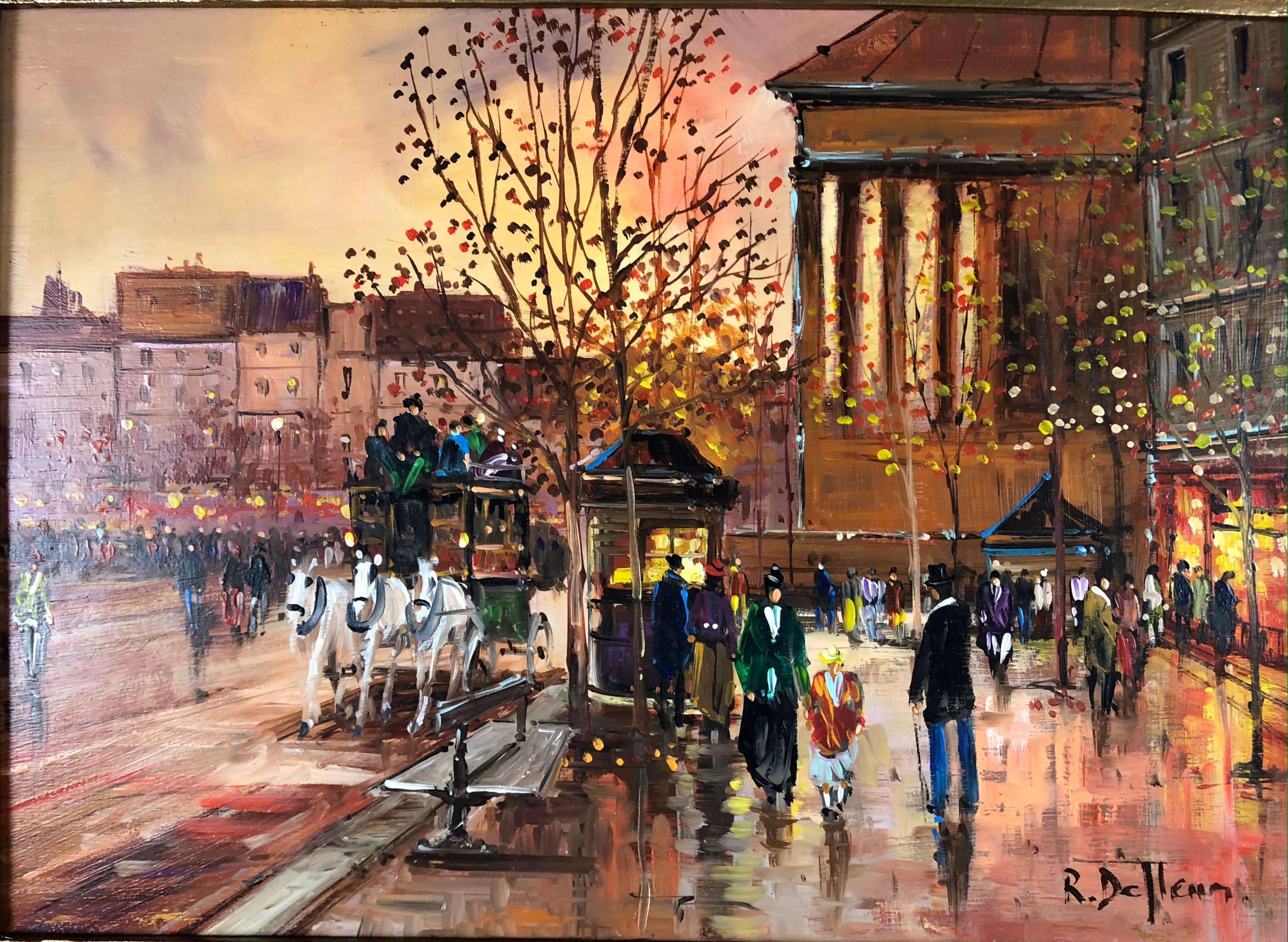 Stunning original painting in the manner of Edouard Léon Cortès
Boulevard De La Madeleine, Paris, France

This elegant, framed oil painting depicts scenes of 19th century Paris, France. Glistening early evening lights from shops and cafes