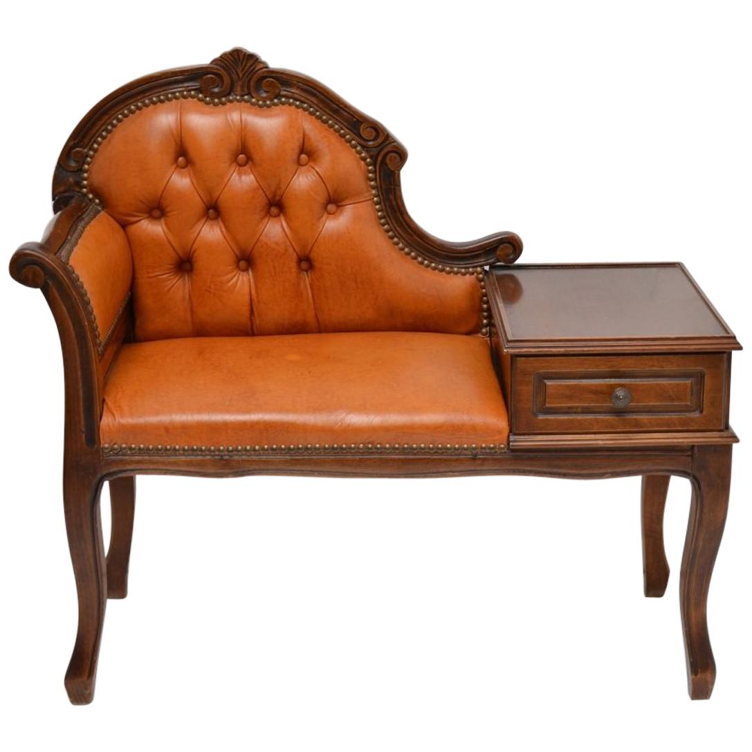 Elegant Old Baroque Chesterfield Phone Bench with Leather and Wood For Sale