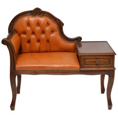 Vintage Elegant Old Baroque Chesterfield Phone Bench with Leather and Wood