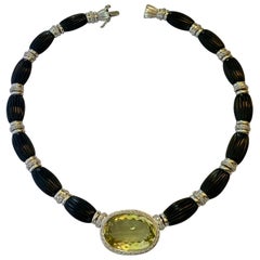 Elegant Onyx, Lemon Citrin and Diamond Necklace 18 Karat White Gold