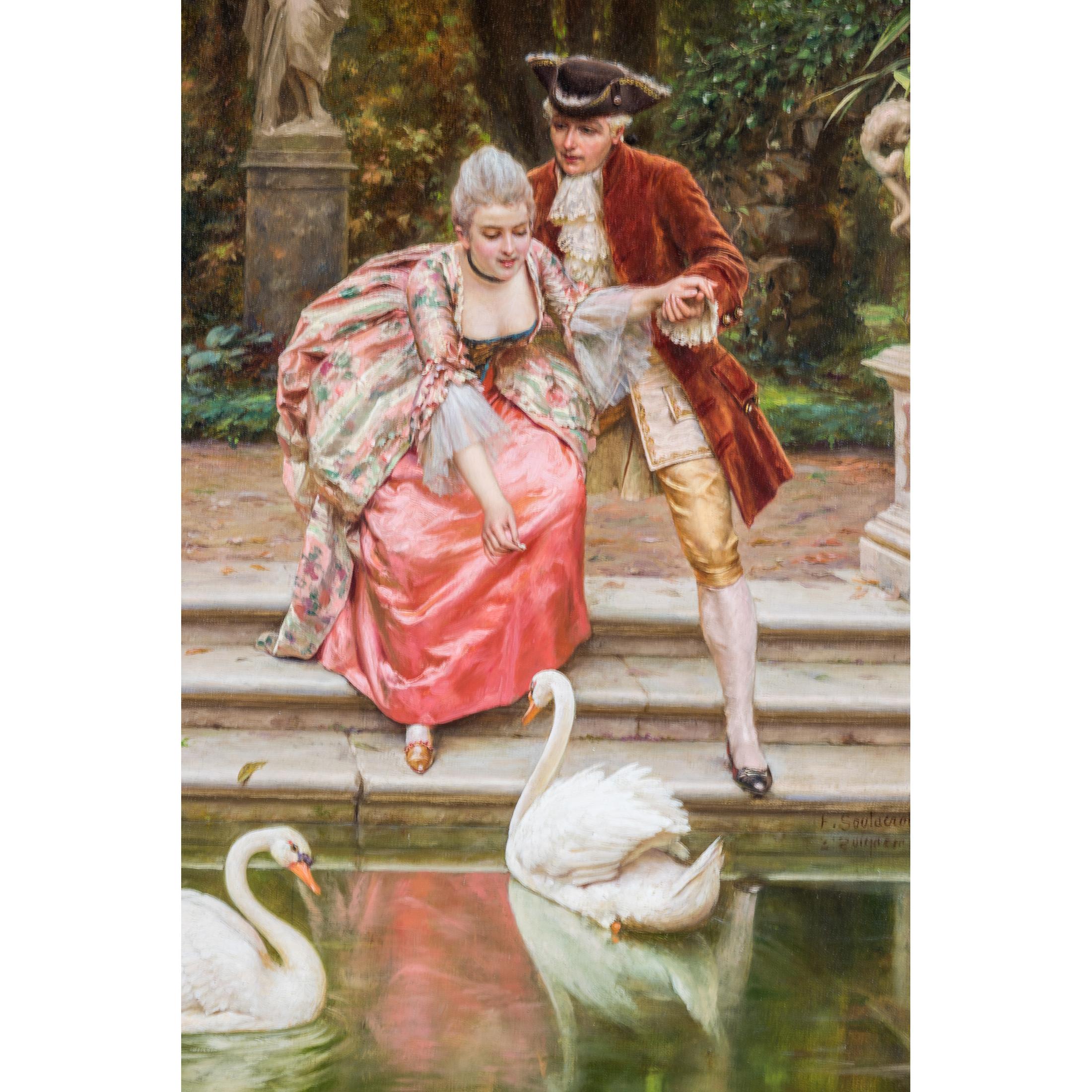 Elegant original French oil painting by Frederic Soulacroix depicting a couple feeding the swans. Signed 'F. Soulacroix' lower right.

Artist: Frederic Soulacroix (French, 1858-1933)
Medium: Oil on canvas
Dimension: 23 in x 15 in.; (framed) 36