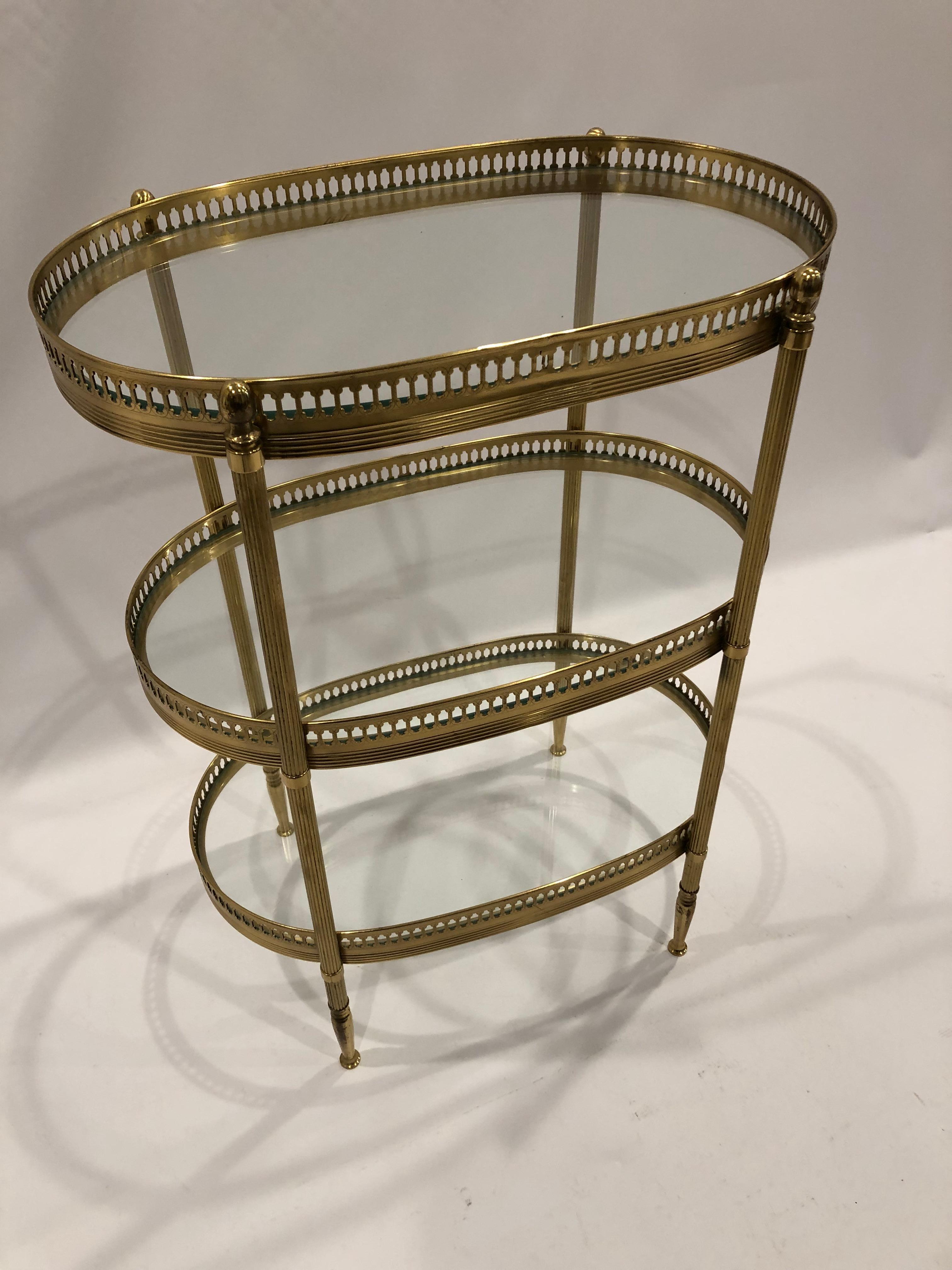 North American Elegant Oval Brass & Glass 3 Tiered Side Table