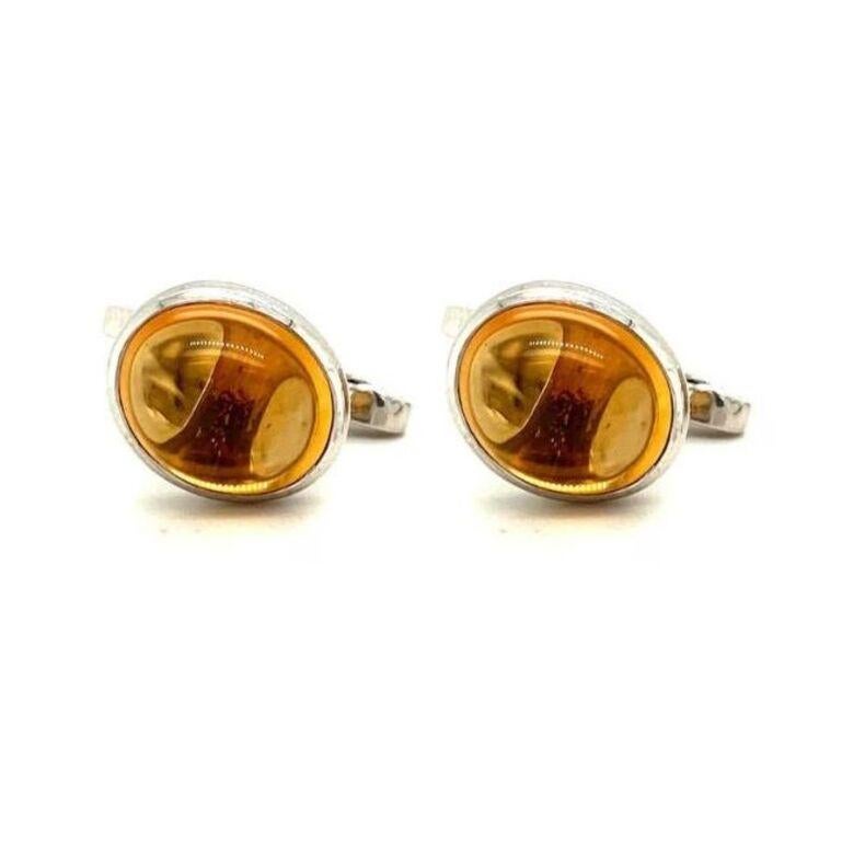 Contemporary Bezel Set Oval Cut Citrine Gemstone Cufflinks in Sterling Silver for Him For Sale