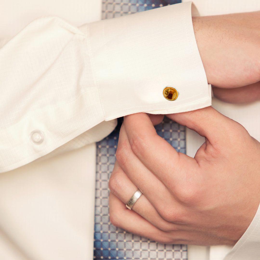 Bezel Set Oval Cut Citrine Gemstone Cufflinks in Sterling Silver for Him In New Condition For Sale In Houston, TX