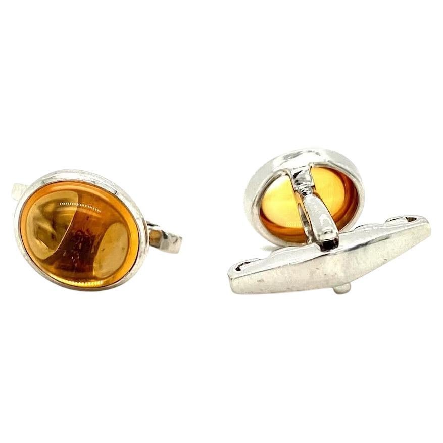 Bezel Set Oval Cut Citrine Gemstone Cufflinks in Sterling Silver for Him