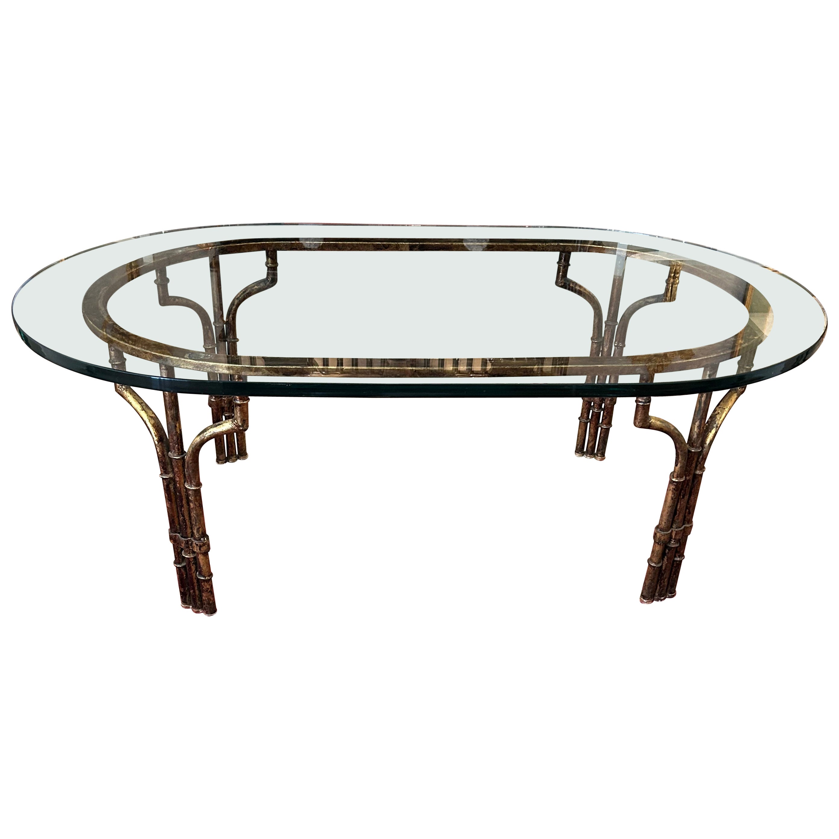 Elegant Oval Gilded Iron and Thick Glass Coffee Table