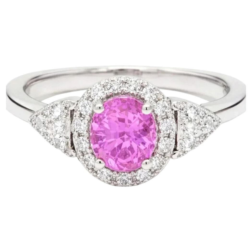 Anello in oro bianco 14 carati con zaffiro rosa ovale da 1,43 carati e diamanti a halo