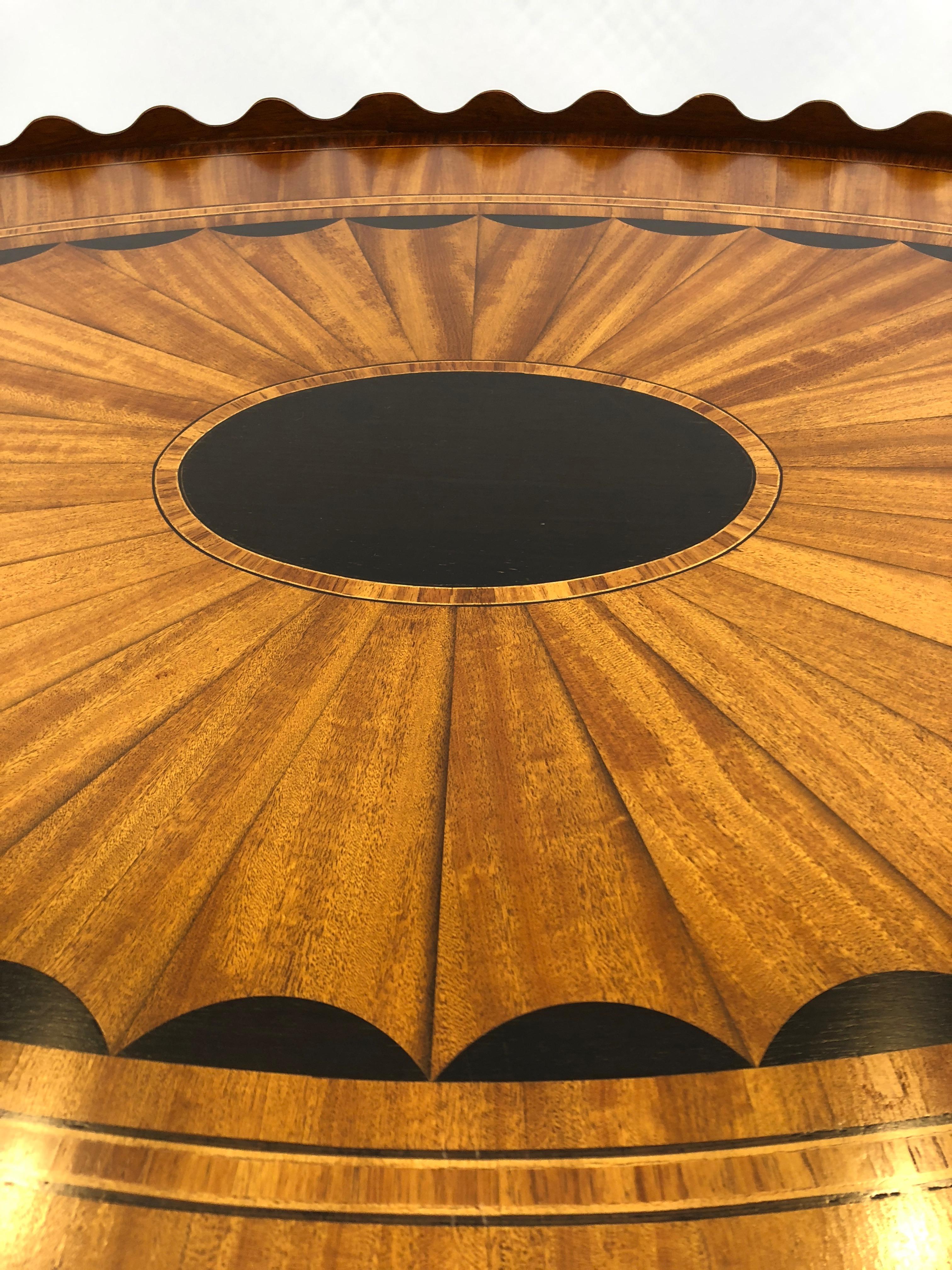Elegant Oval Satinwood Fan Inlaid Cocktail Table with Scalloped Edge 5
