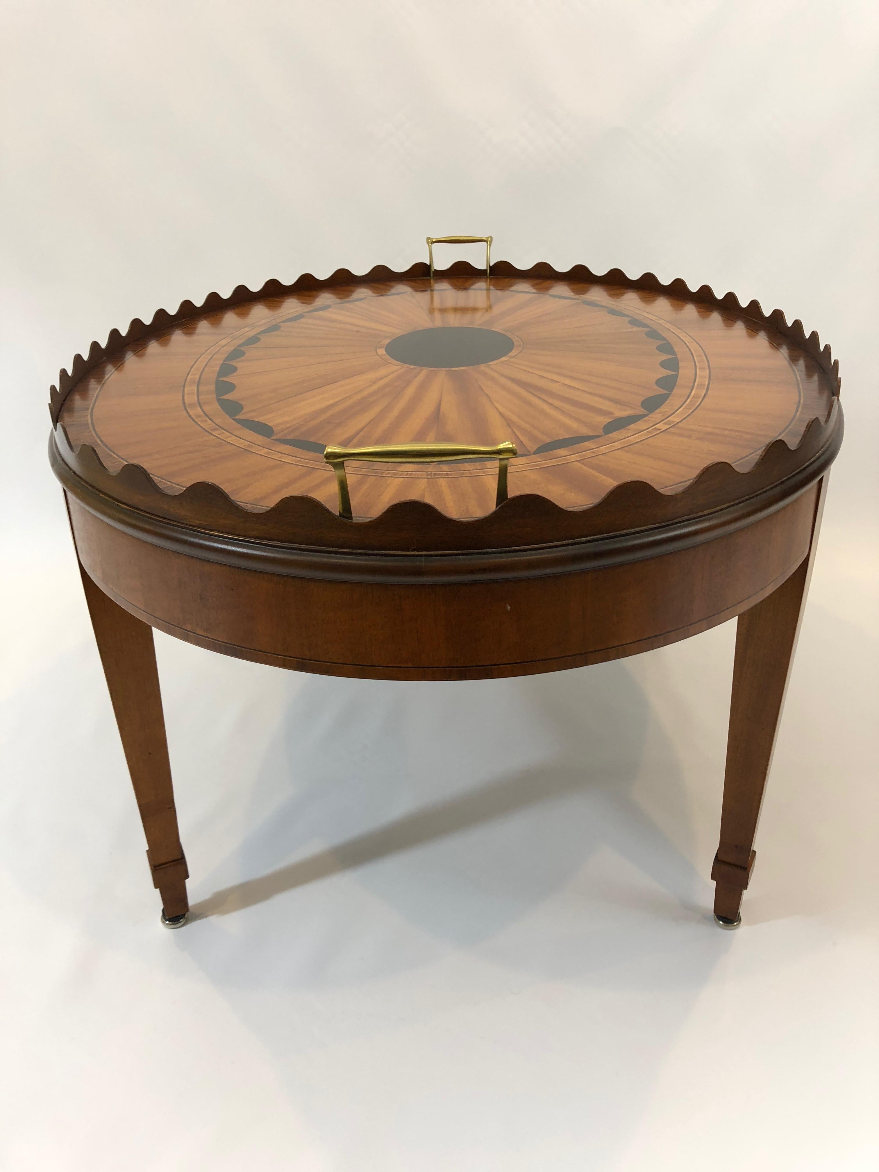 American Elegant Oval Satinwood Fan Inlaid Cocktail Table with Scalloped Edge