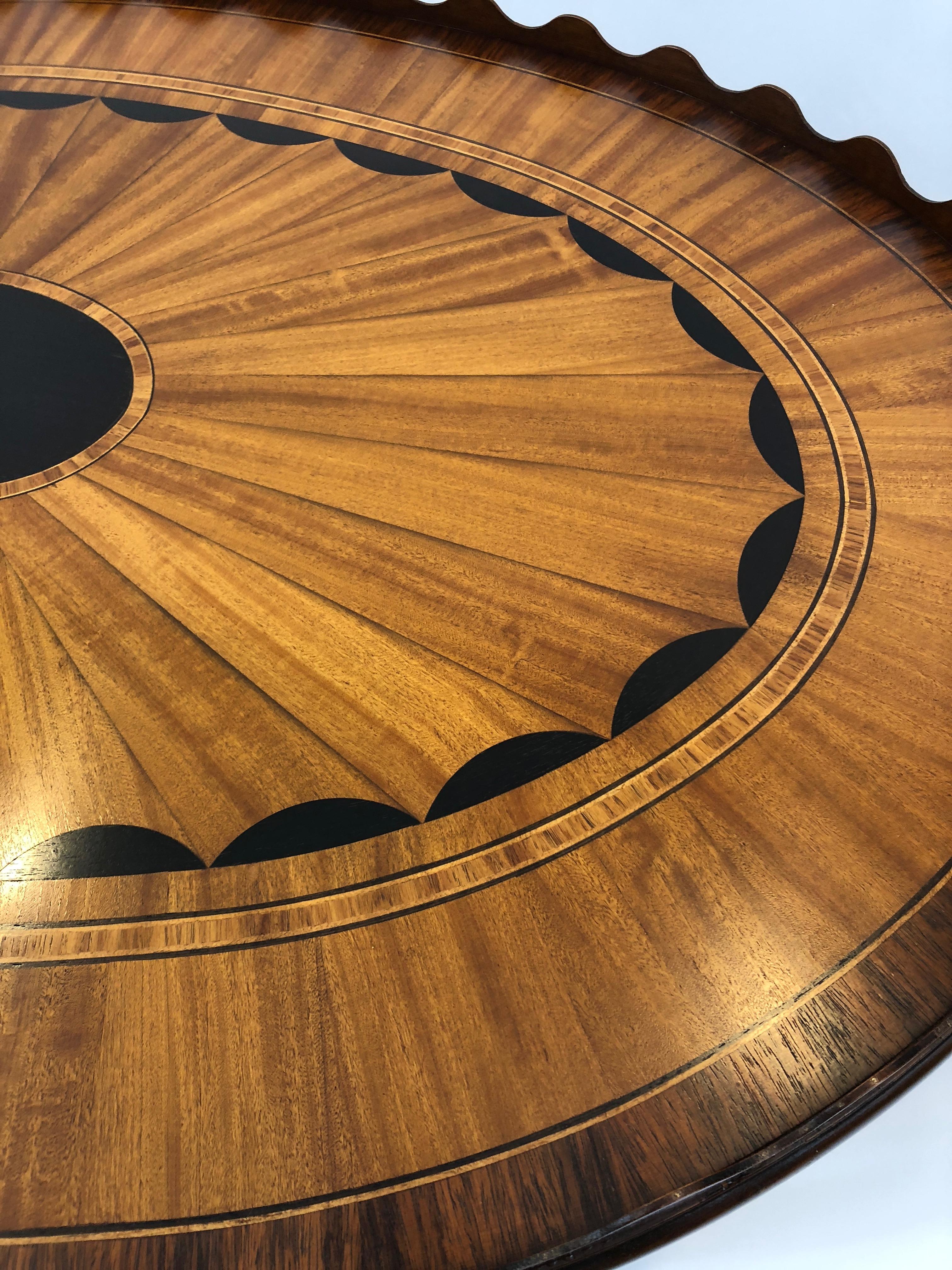 Late 20th Century Elegant Oval Satinwood Fan Inlaid Cocktail Table with Scalloped Edge