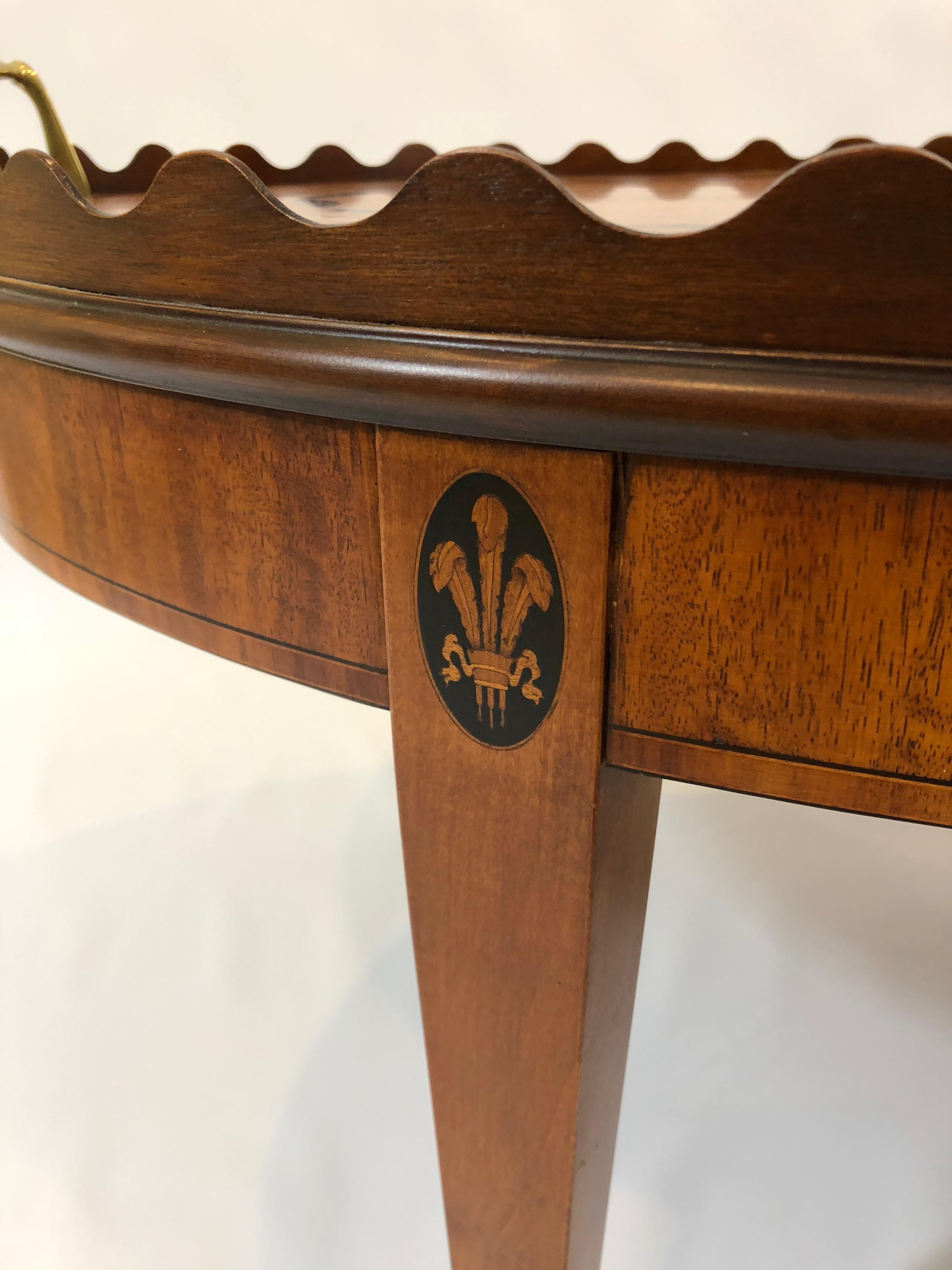 Elegant Oval Satinwood Fan Inlaid Cocktail Table with Scalloped Edge 1