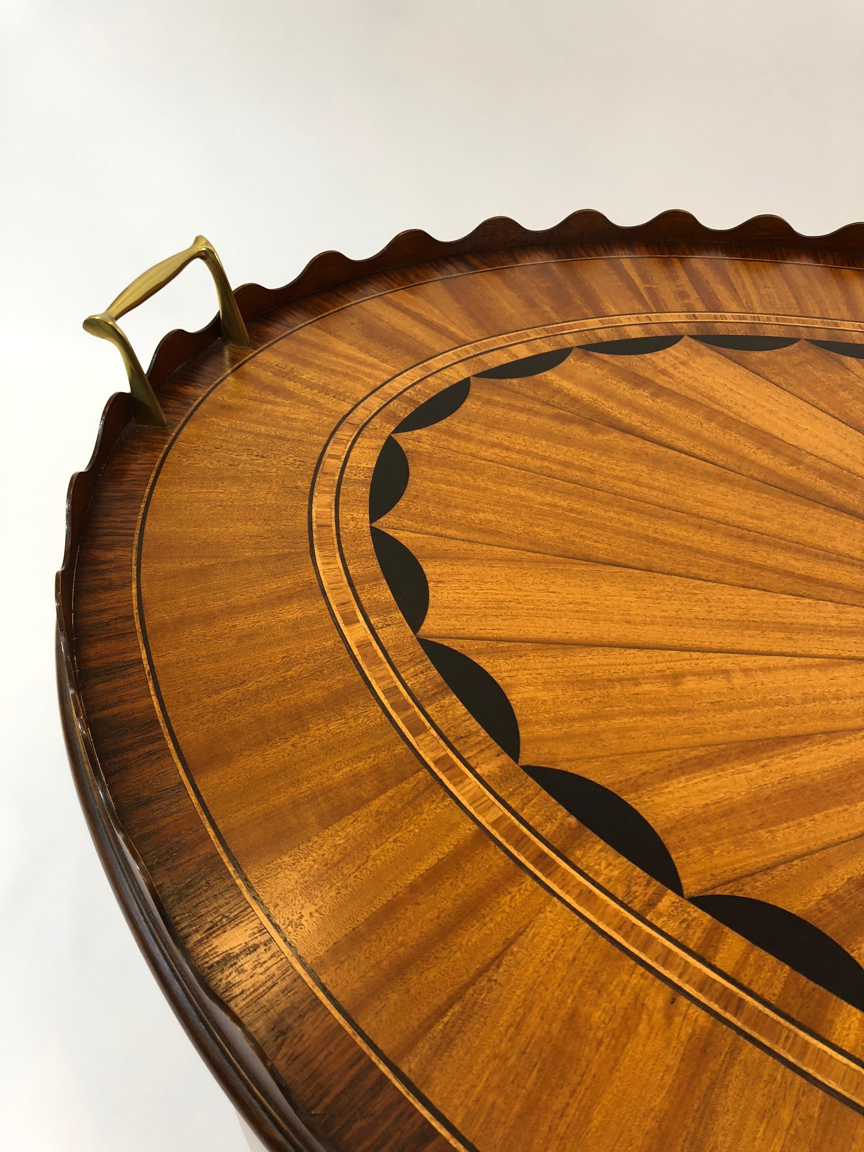 Elegant Oval Satinwood Fan Inlaid Cocktail Table with Scalloped Edge 2