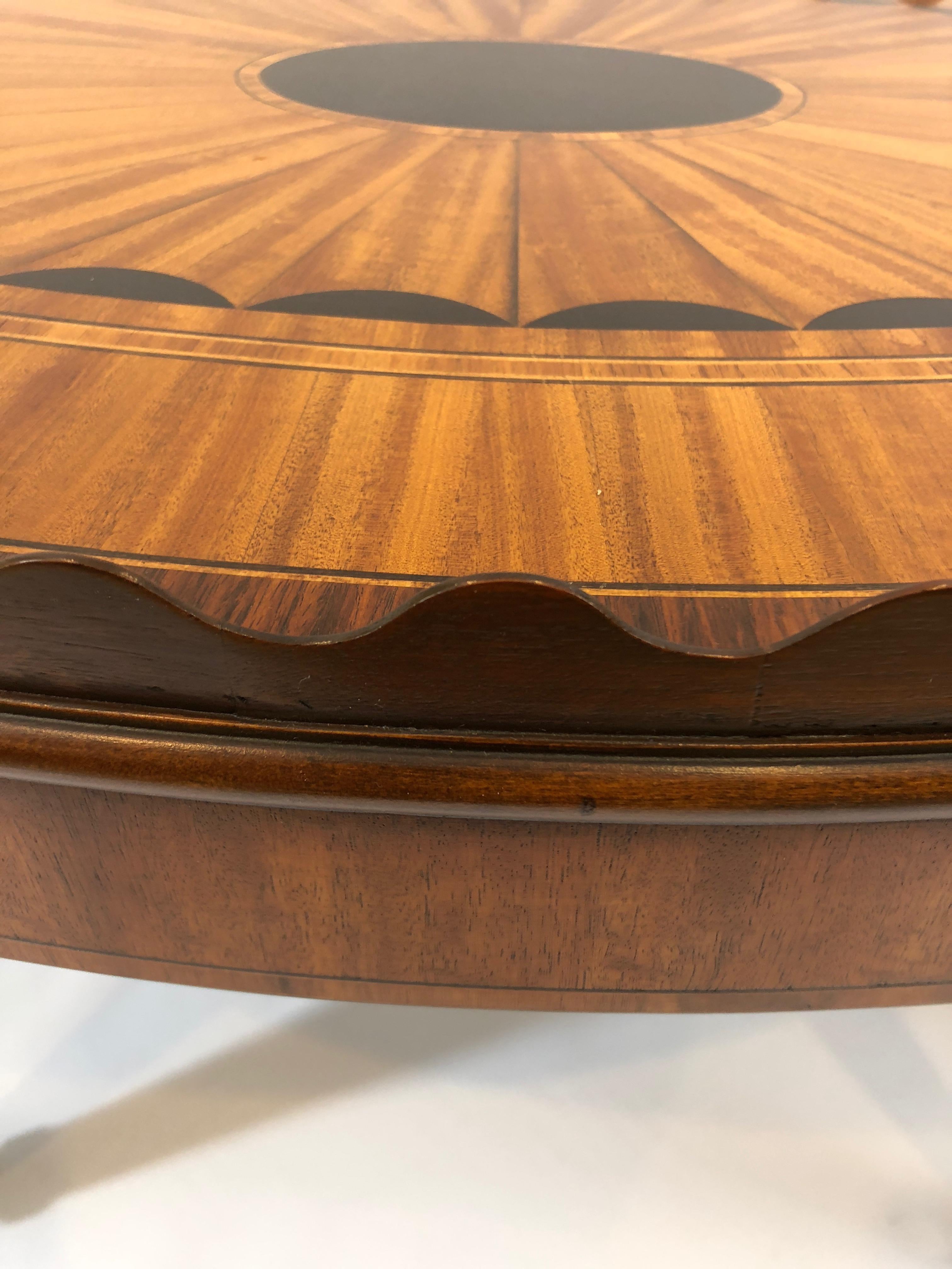 Elegant Oval Satinwood Fan Inlaid Cocktail Table with Scalloped Edge 3