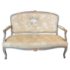 Elegant Painted Wood French Louis XV Style Loveseat with Silk Upholstery