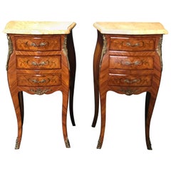 Elegant Pair of Antique French Louis XV Marble-Top Floral Inlay Nightstands