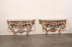Elegant Pair Early 19th C. French Rocaille Carved Marble Top Serpentine Consoles