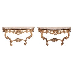 Elegant Pair Early 19th C. French Rocaille Carved Marble Top Serpentine Consoles