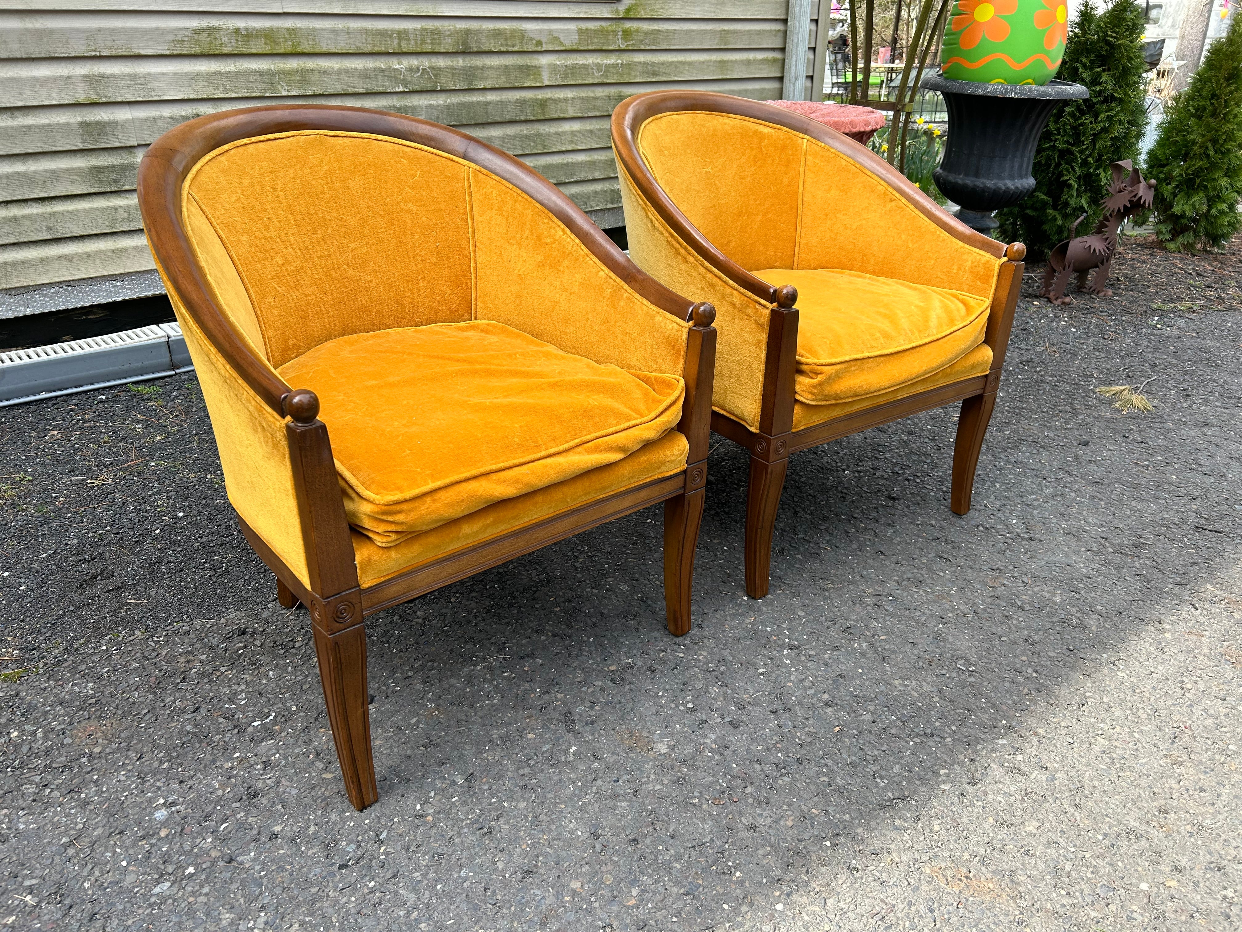 Elegant pair of scoop back upholstered chairs made by Lewittes Furniture.  These chairs measure 29.5
