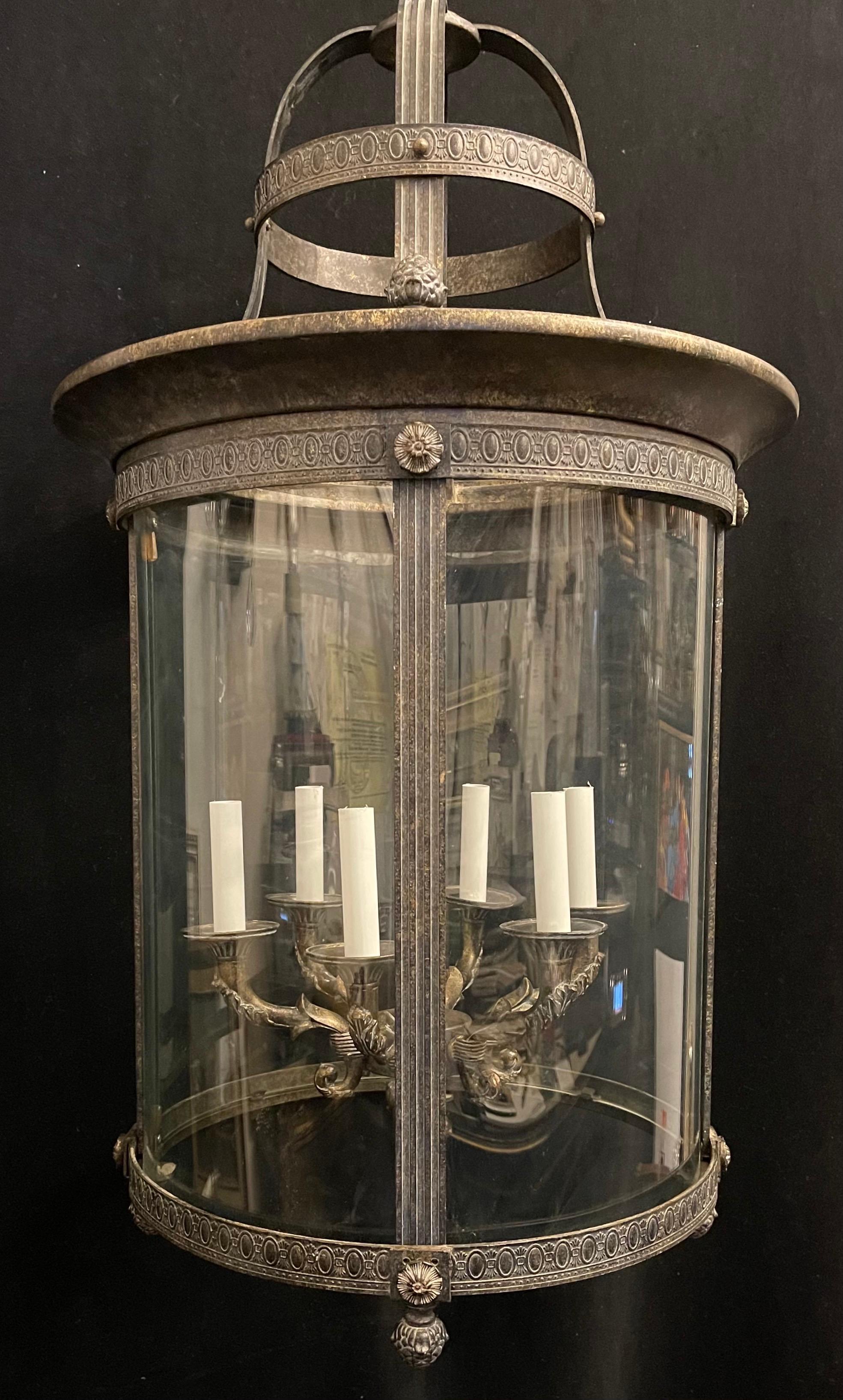 Gilt Elegant Pair Large Bronze Louis XVI Neoclassical Lanterns Fixtures Curved Glass For Sale