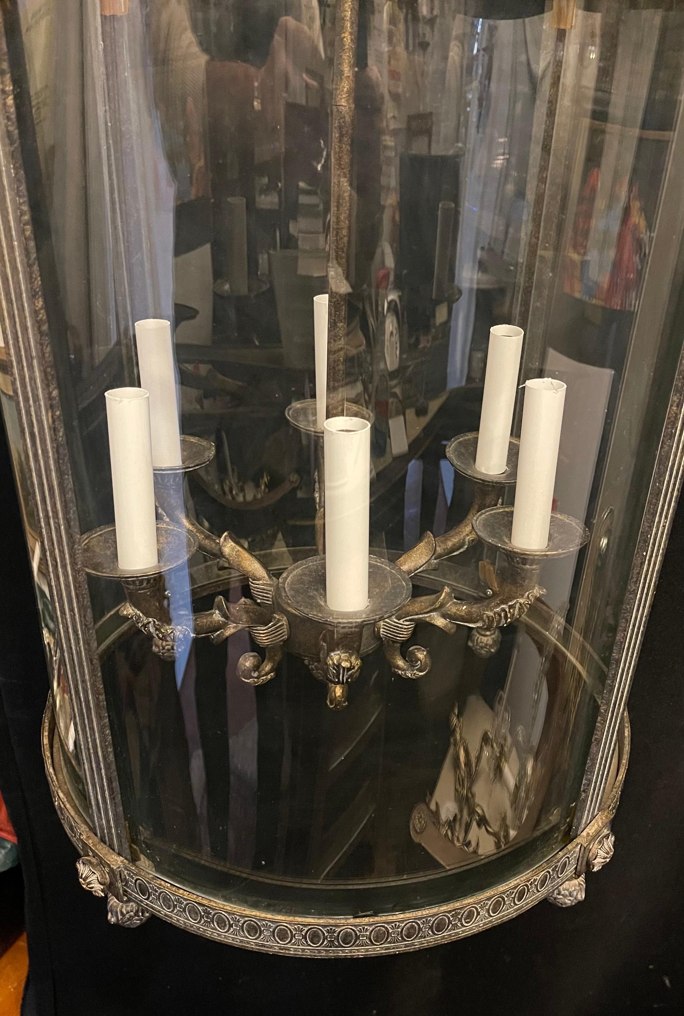 Metal Elegant Pair Large Bronze Louis XVI Neoclassical Lanterns Fixtures Curved Glass For Sale