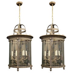 Elegant Pair Large Bronze Louis XVI Neoclassical Lanterns Fixtures Curved Glass