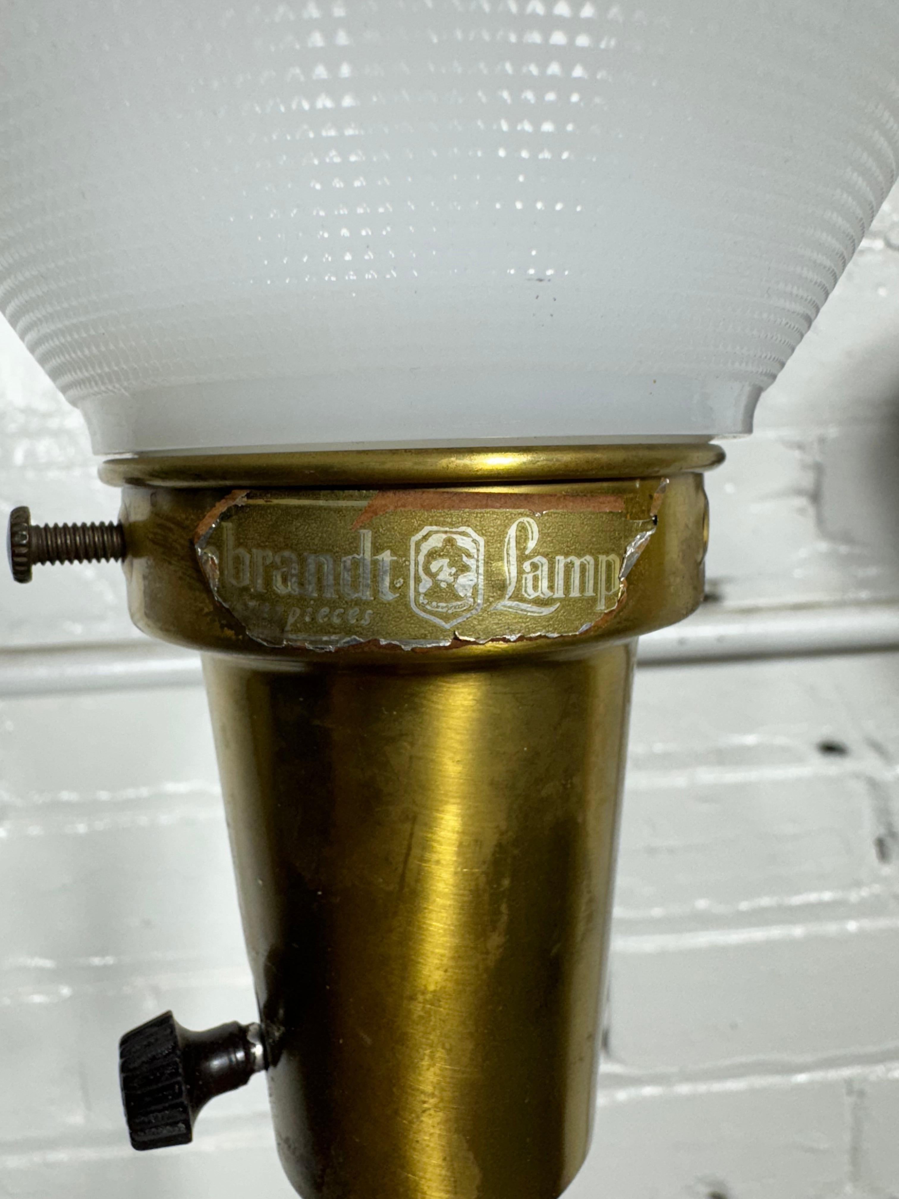 Elegant Pair Mid Century Modern / Hollywood Regency,  Laurel Brass Table Lamps / Rembrandt. Sleek brushed body with salmon accent color,. tulip shape milk glass shade.The mid section has raised acanthus leaf motif. Stunning,, Excellent original