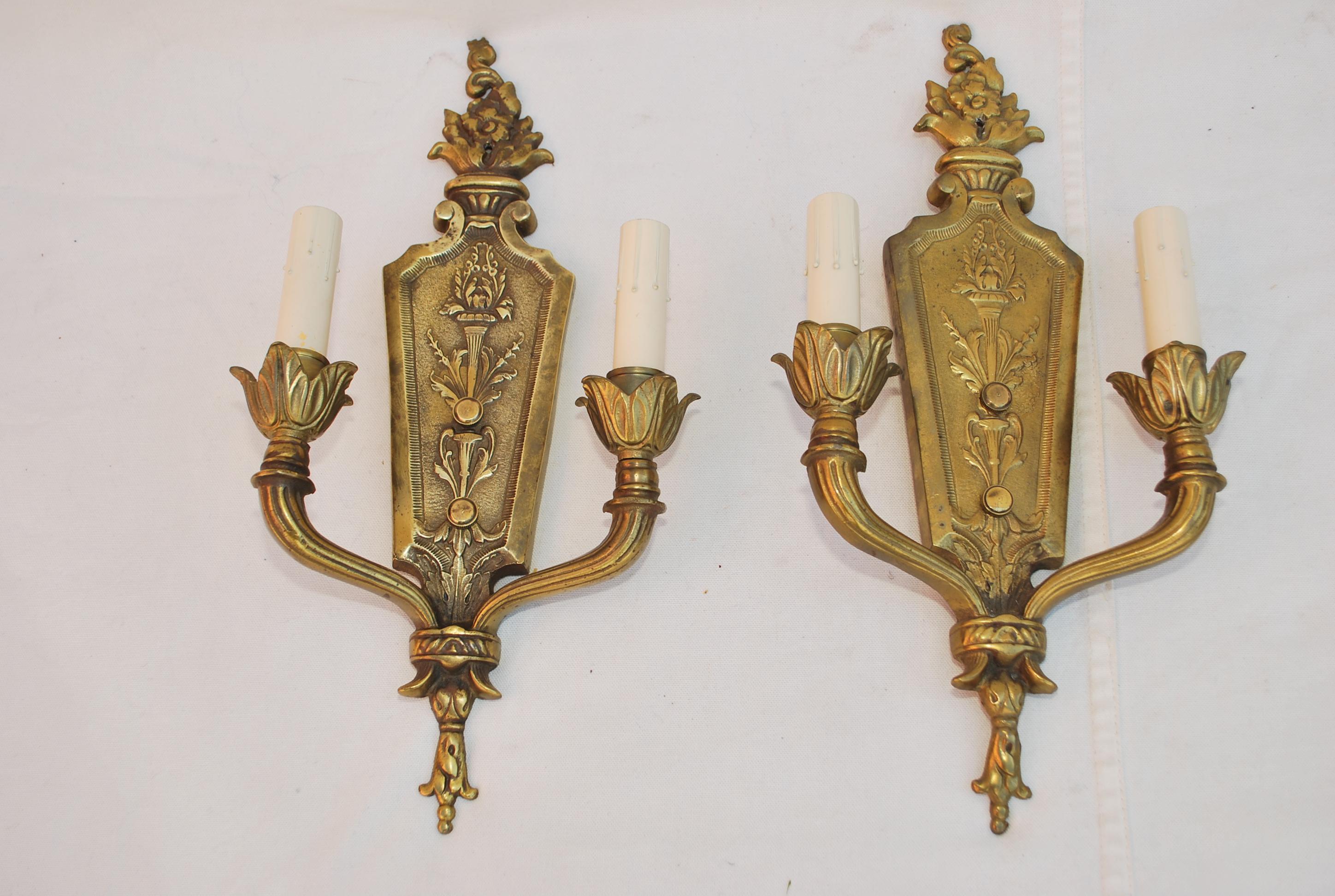 Brass Elegant pair of 1920's brass sconces For Sale