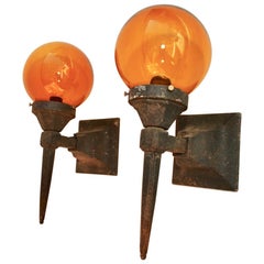 Elegant Pair of 1920s Cast Iron Outdoor Sconces