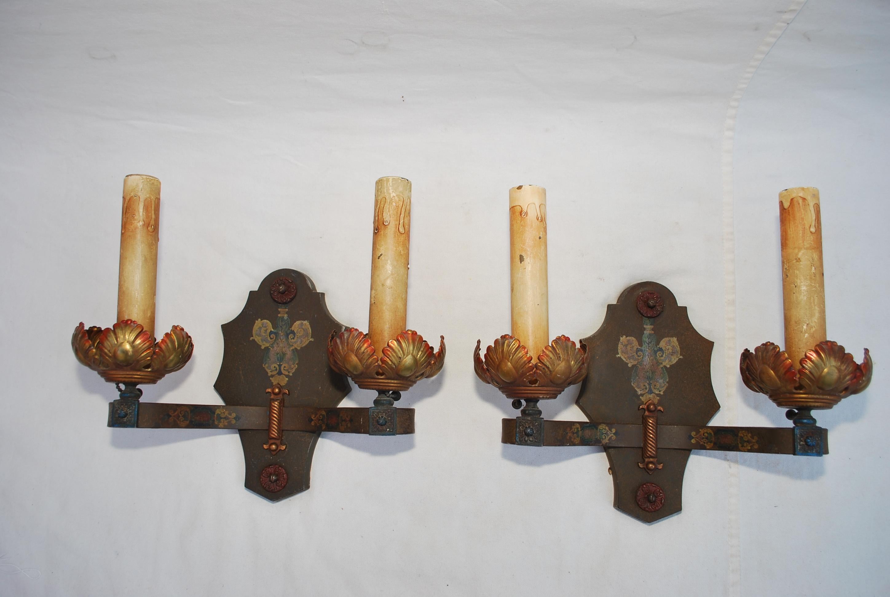 elegant pair of 1920's wrought iron sconces For Sale 1