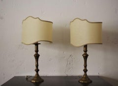Elegant Pair of 1940s Brass Table Lamps with Embroidered Shades - Timeless Vinta