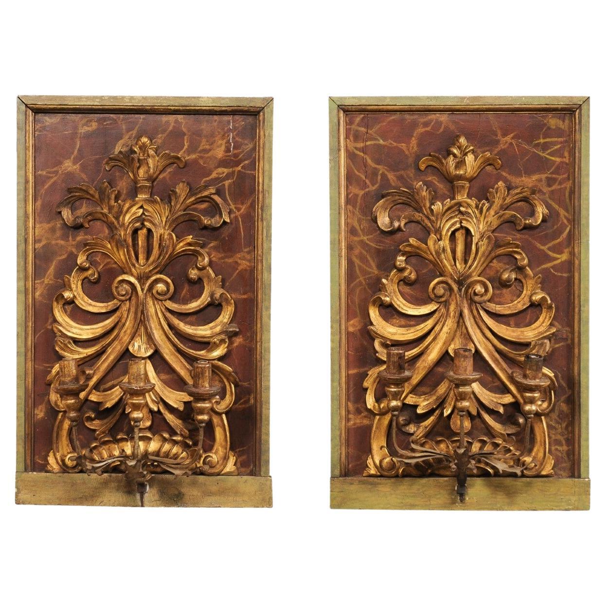 Elegant Pair of 19th C. Fragment Mounted 3-Light Sconces (34" Height)