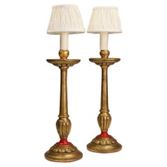 Elegant Pair of 19th Century French Gilt Wood Candlestick Lamps Elegant Pair of 19th Century French Gilt Wood Candlestick Lamps