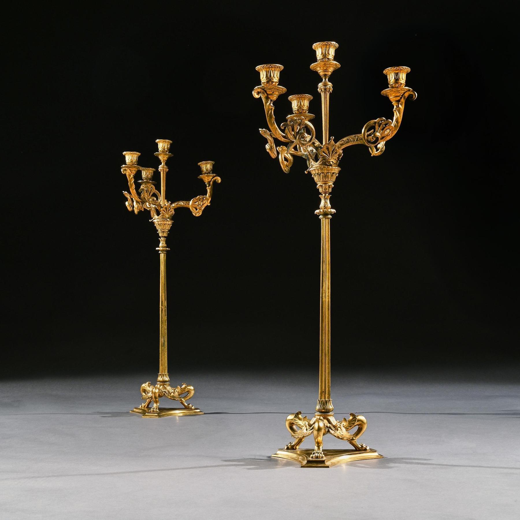 British Elegant Pair of 19th Century Gilt Brass Candelabra by Elkington & Co