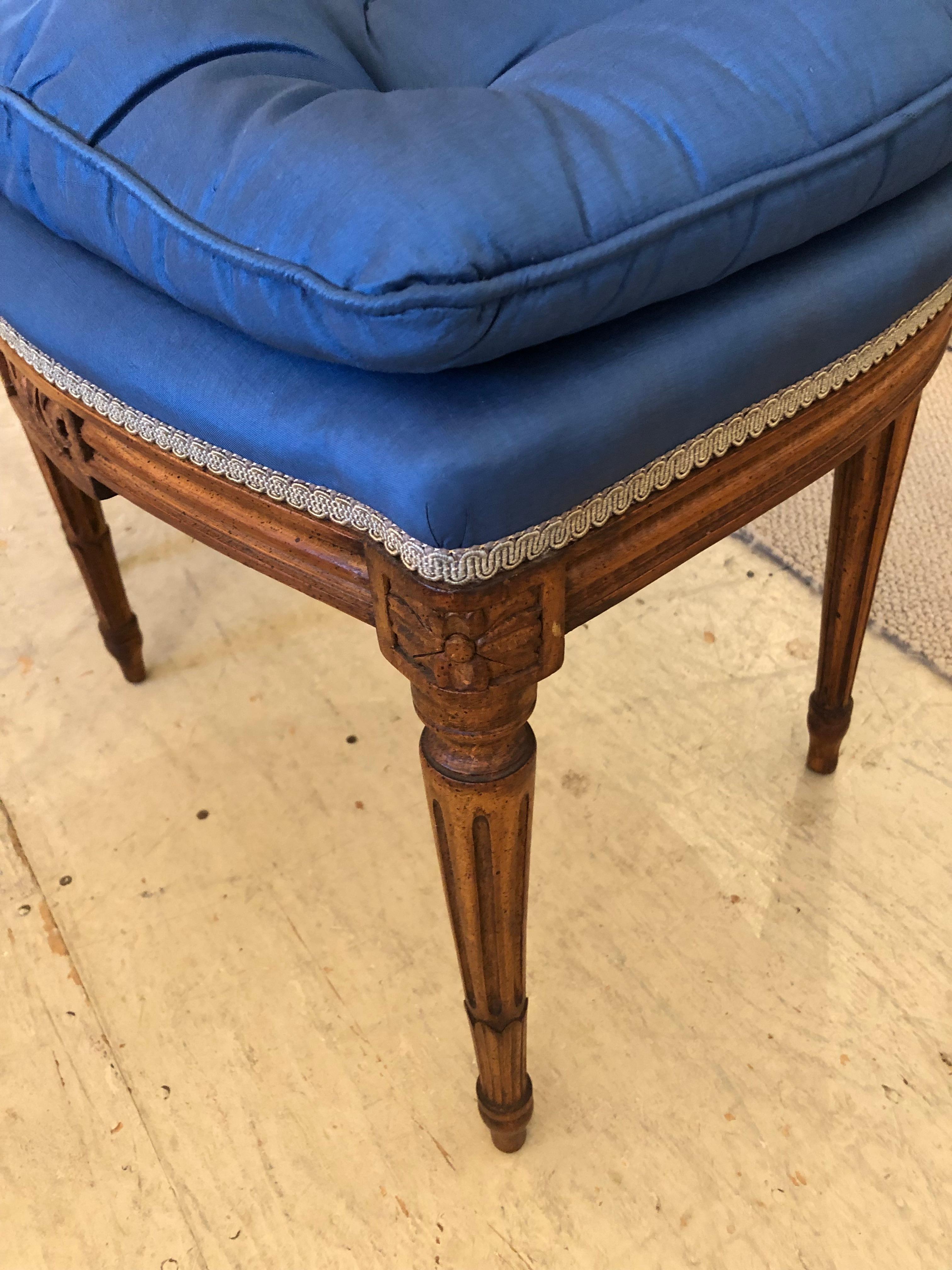 Elegant Pair of Antique Carved Wood and Cobalt Blue Upholstered Salon Chairs 1