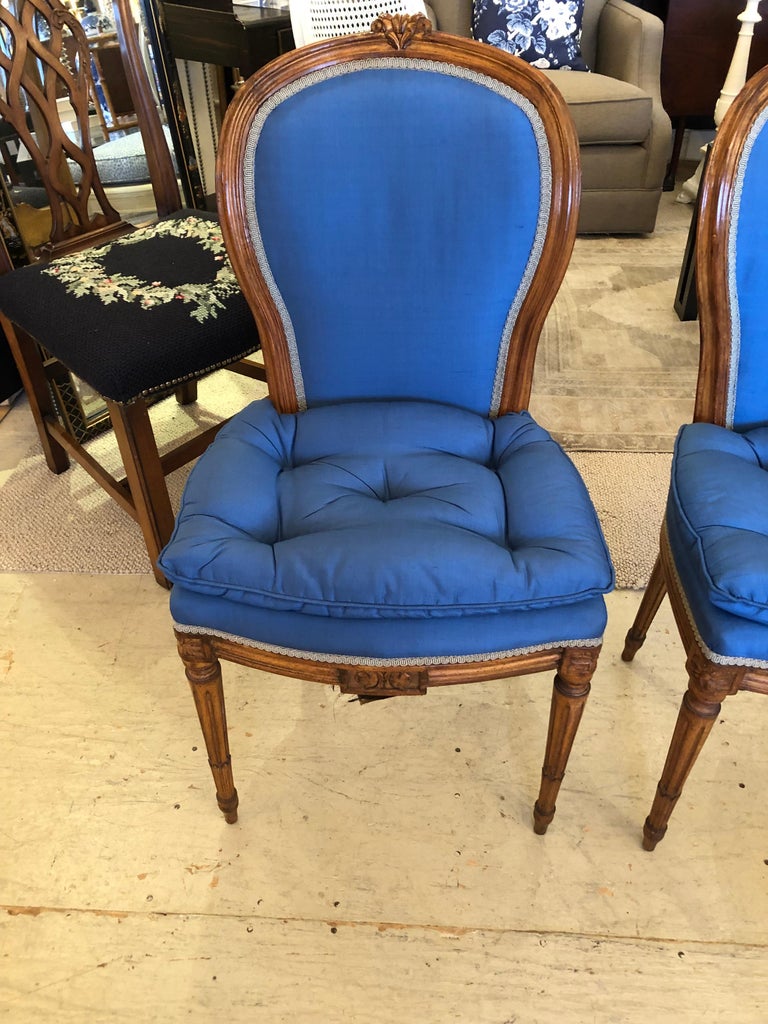 Elegant Pair of Antique Carved Wood and Cobalt Blue Upholstered Salon Chairs at 1stDibs blue