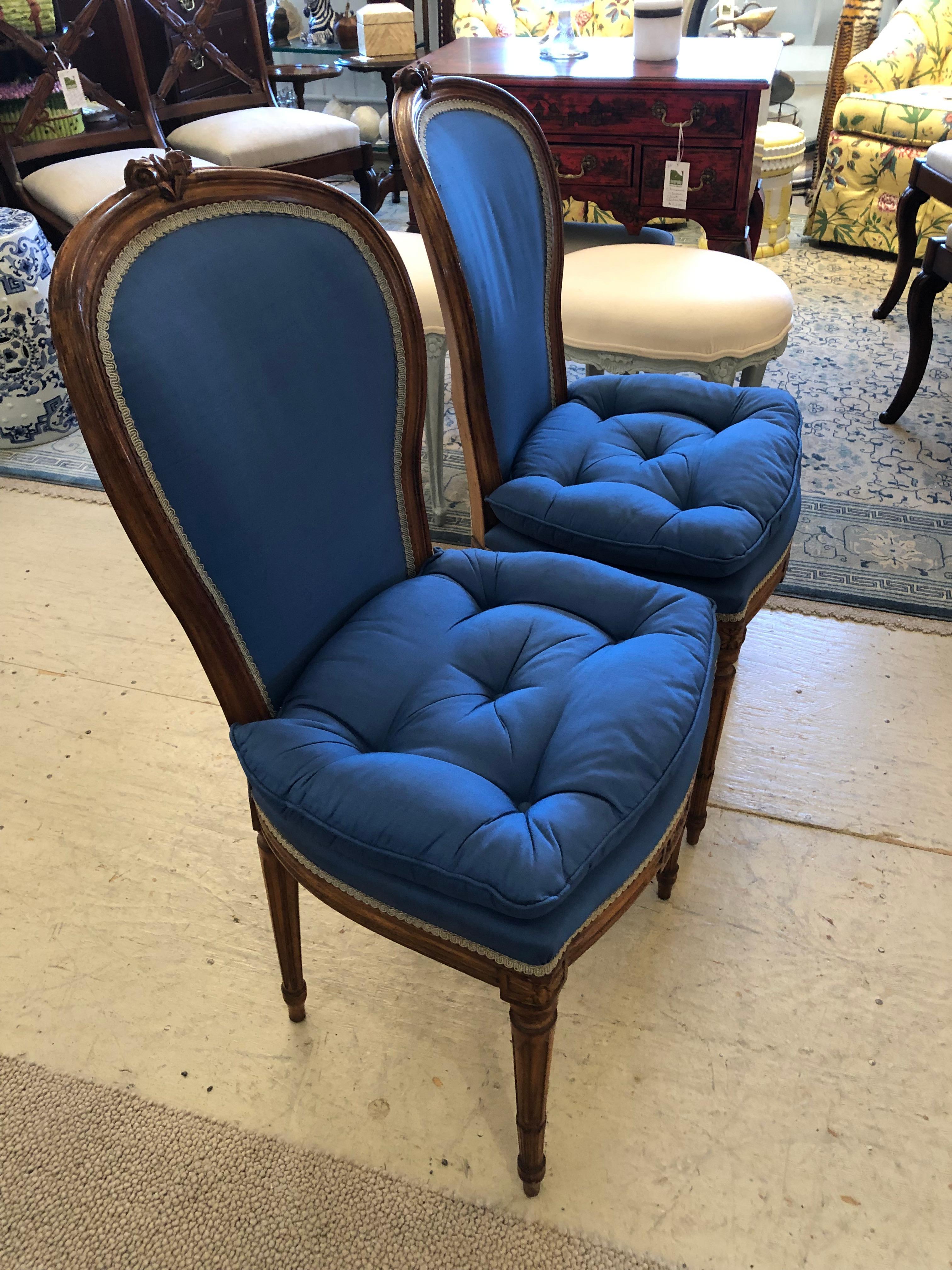 American Elegant Pair of Antique Carved Wood and Cobalt Blue Upholstered Salon Chairs
