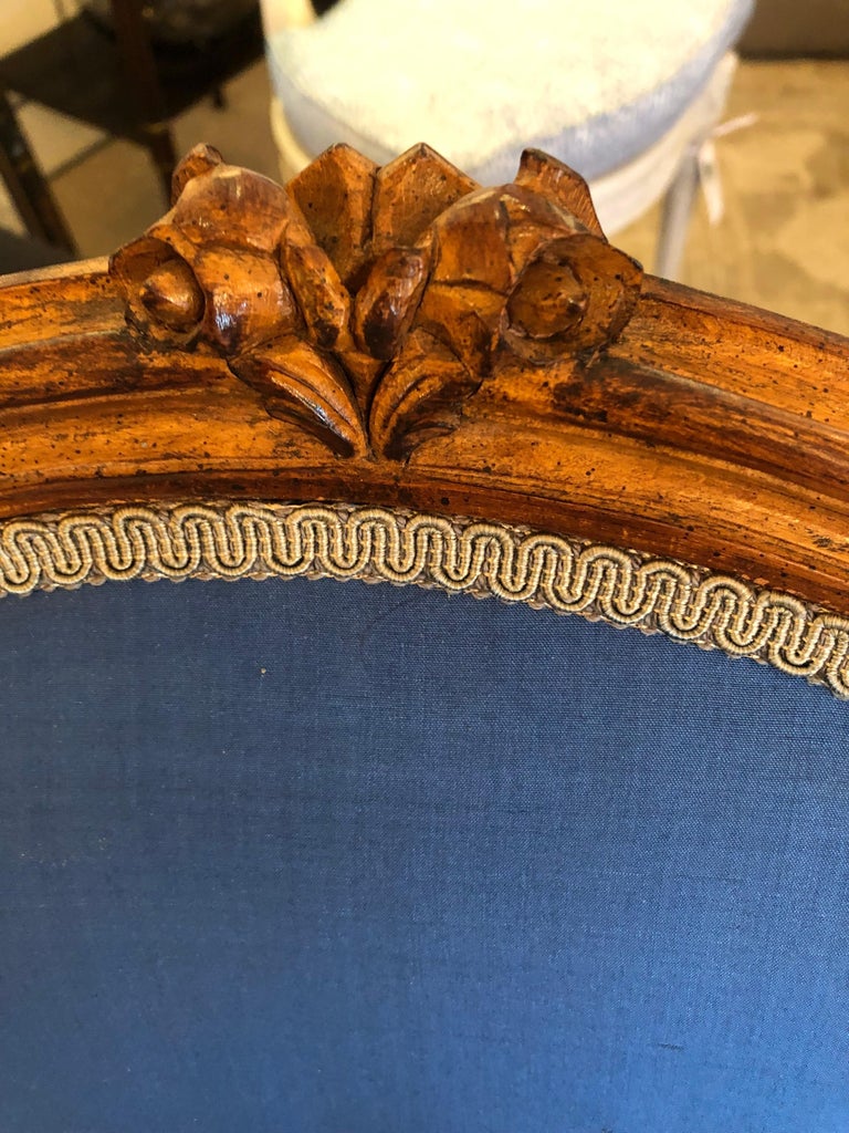 Elegant Pair of Antique Carved Wood and Cobalt Blue Upholstered Salon Chairs at 1stDibs blue