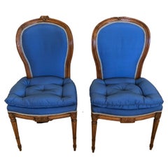 Elegant Pair of Antique Carved Wood and Cobalt Blue Upholstered Salon Chairs