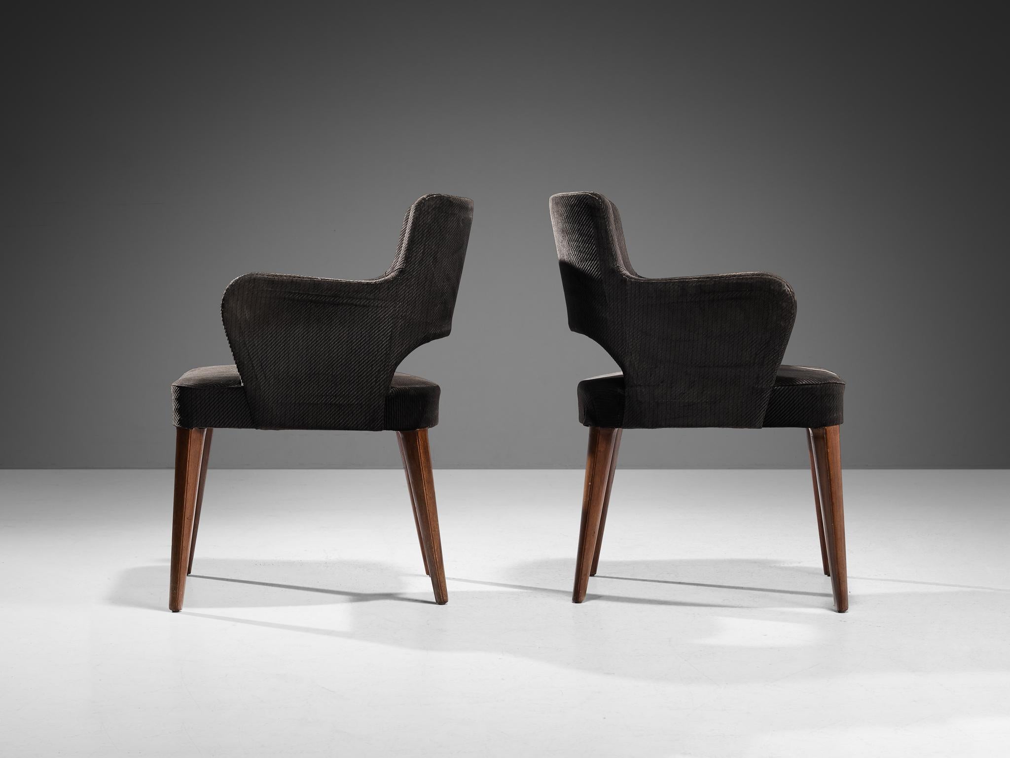 Mid-Century Modern Elegant Pair of Armchairs in Dark Grey Upholstery and Stained Wood  For Sale