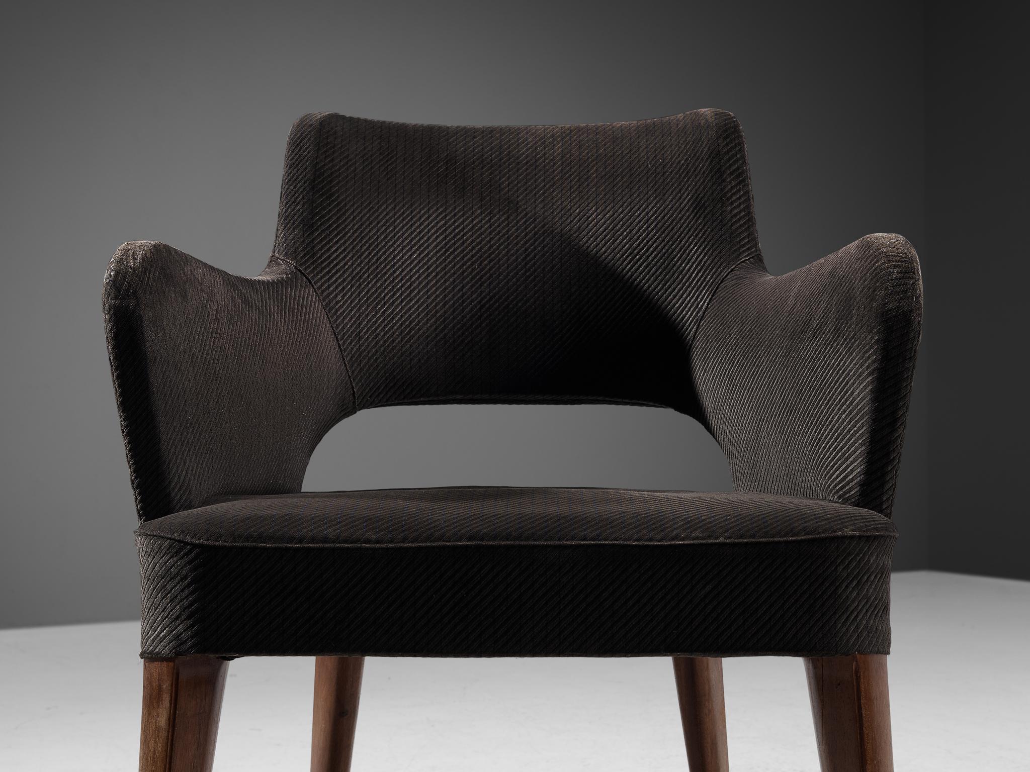 European Elegant Pair of Armchairs in Dark Grey Upholstery and Stained Wood  For Sale