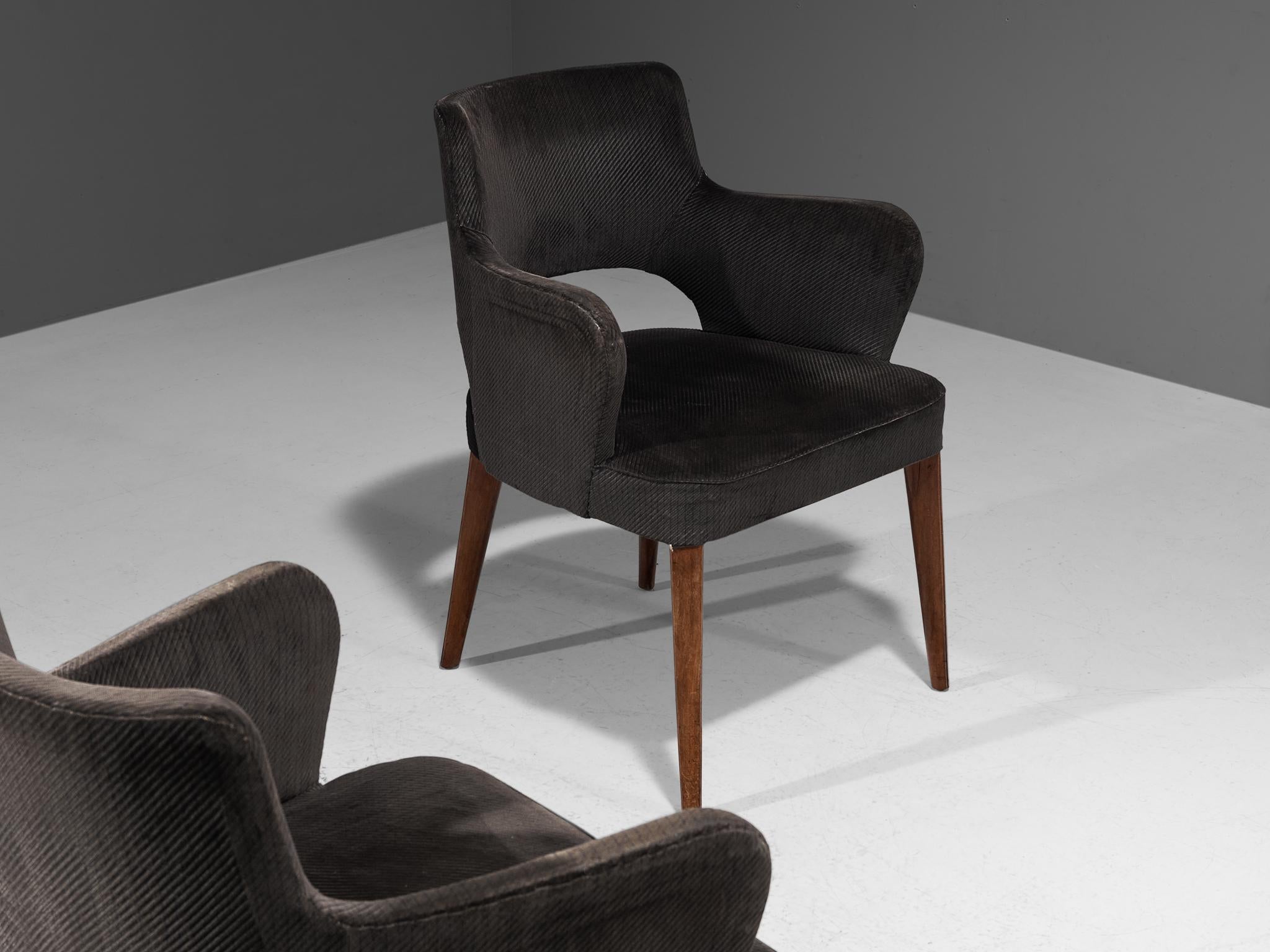 Fabric Elegant Pair of Armchairs in Dark Grey Upholstery and Stained Wood  For Sale